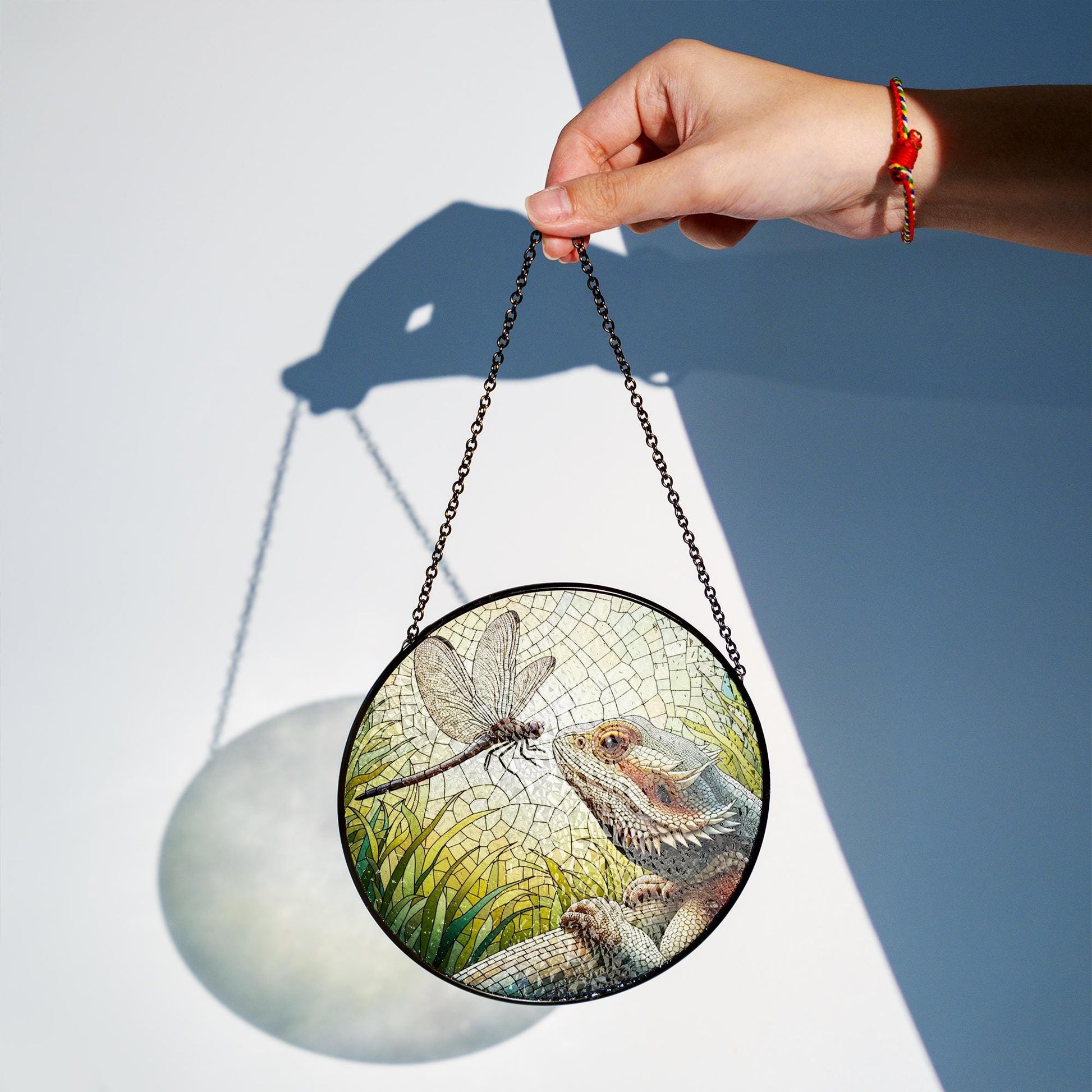 Bearded Dragon & Dragonfly Glass Suncatcher – Unique Reptile Decor – Perfect Mother's Day Gift – Nature-Inspired Window Art