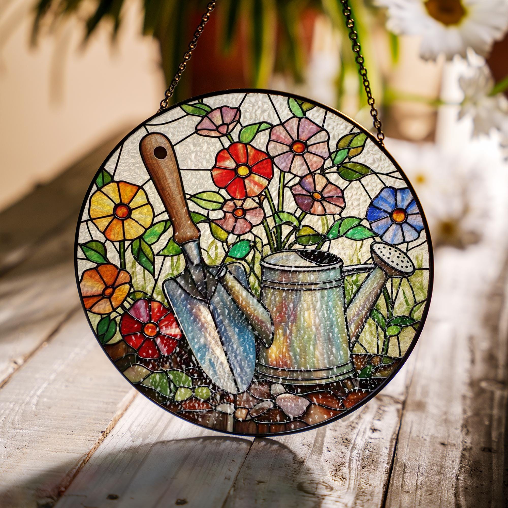 Gardener’s Touch Glass Suncatcher – Floral Window Decor – Mother's Day Gift – Garden Lover's Delight – Nature-Inspired Art