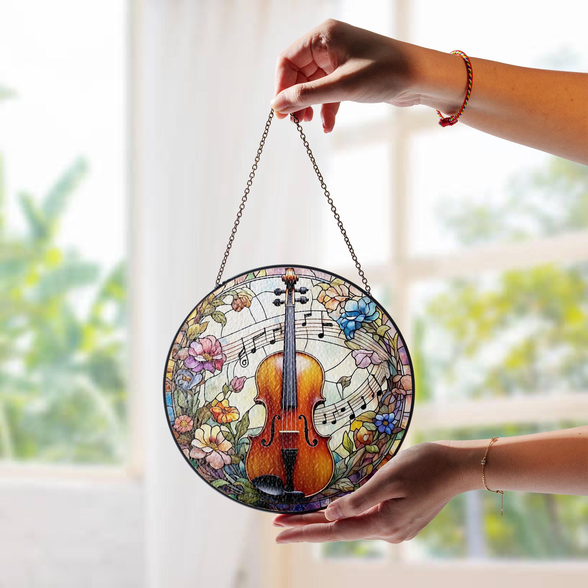 Floral Violin  Glass Suncatcher – Musical Window Art – Perfect Mother's Day Gift – Music Lover's Decor – Elegant Floral Design