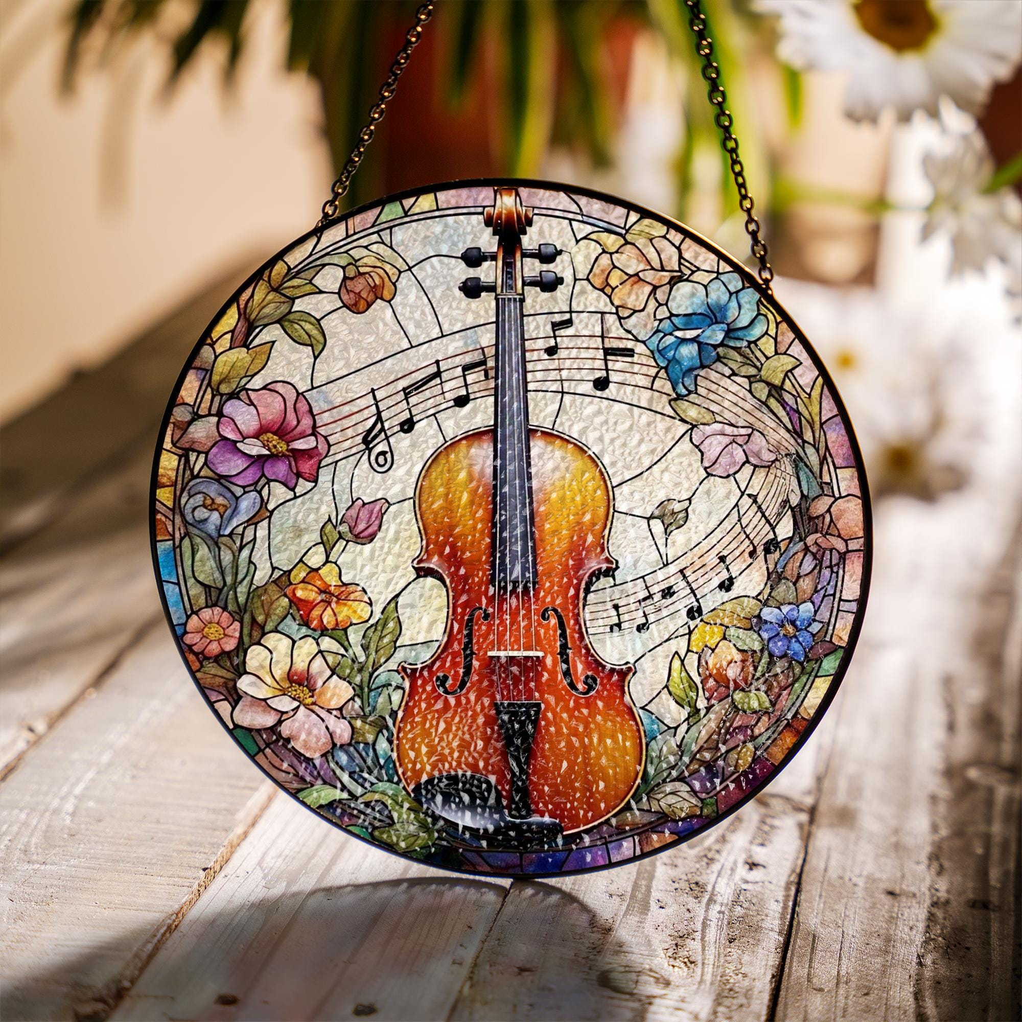Floral Violin  Glass Suncatcher – Musical Window Art – Perfect Mother's Day Gift – Music Lover's Decor – Elegant Floral Design