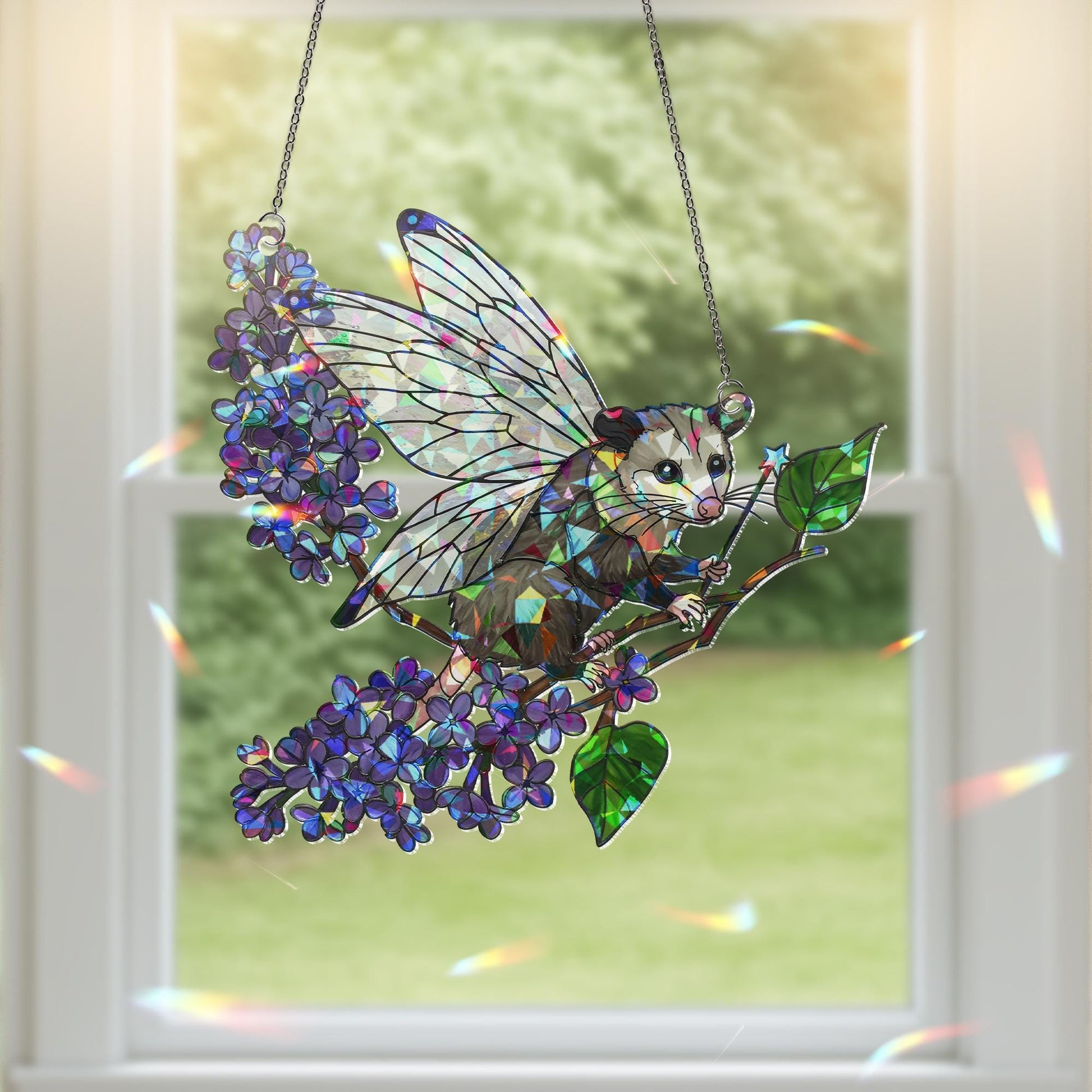 Fairy Godpossum Lilac Branch Holographic Acrylic Suncatcher – Whimsical Window Decor, Possum Lover Gift, Cottagecore Fairycore Ornament