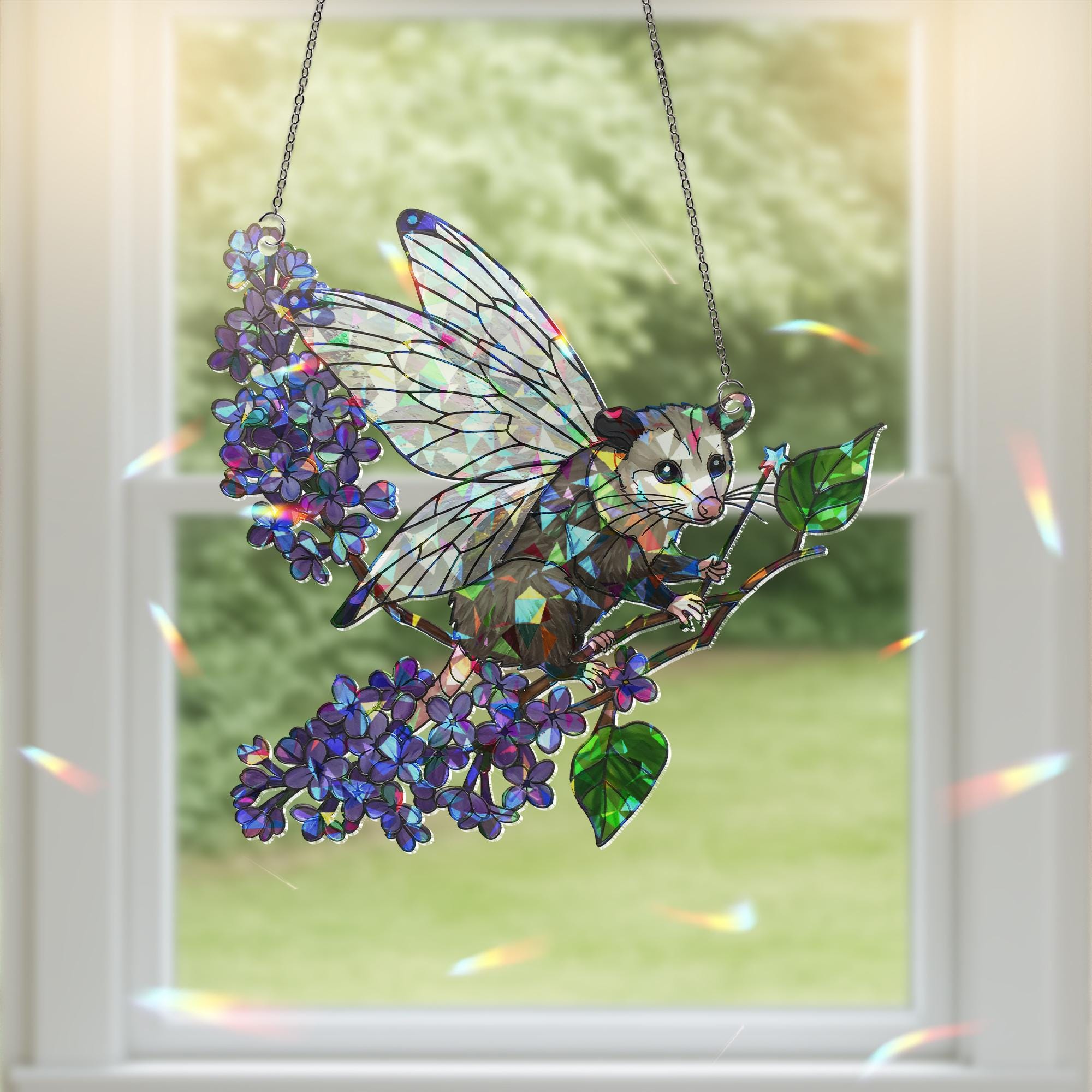 Fairy Godpossum Lilac Branch Holographic Acrylic Suncatcher – Whimsical Window Decor, Possum Lover Gift, Cottagecore Fairycore Ornament