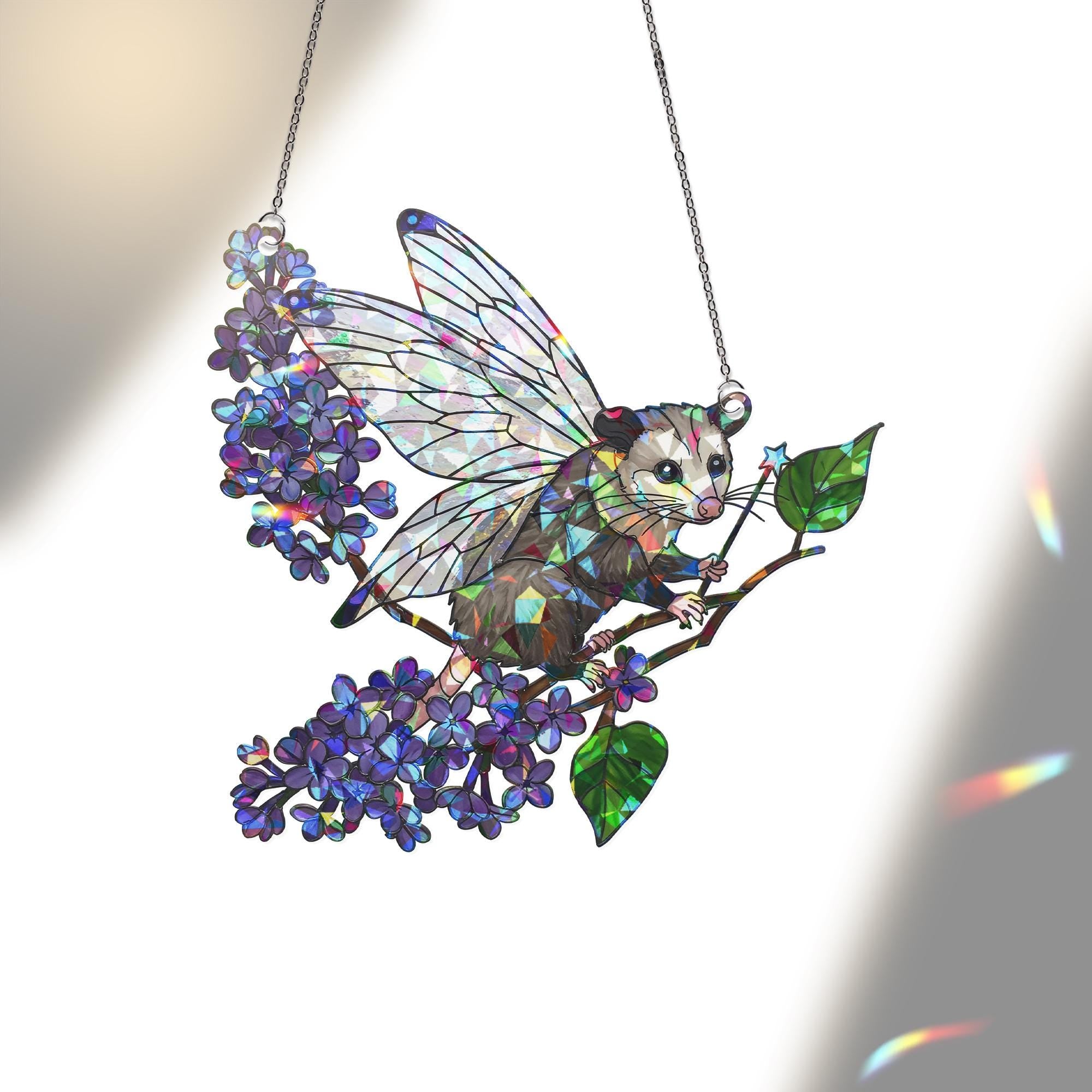 Fairy Godpossum Lilac Branch Holographic Acrylic Suncatcher – Whimsical Window Decor, Possum Lover Gift, Cottagecore Fairycore Ornament