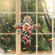Floral Cross Hologram Acrylic Window Hanging – Inspirational Window Art – Perfect Mother's Day Gift – Faithful Decor with Elegant Floral