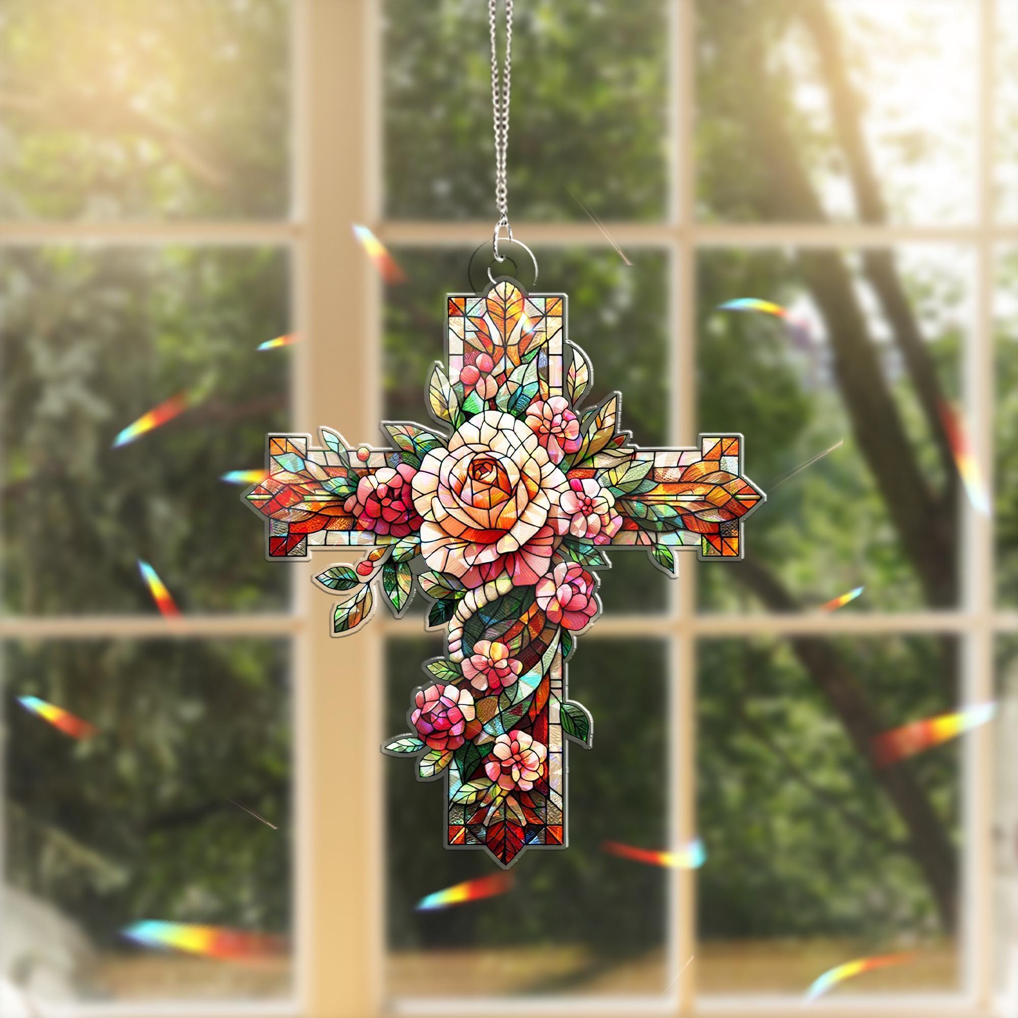 Floral Cross Hologram Acrylic Window Hanging – Inspirational Window Art – Perfect Mother's Day Gift – Faithful Decor with Elegant Floral