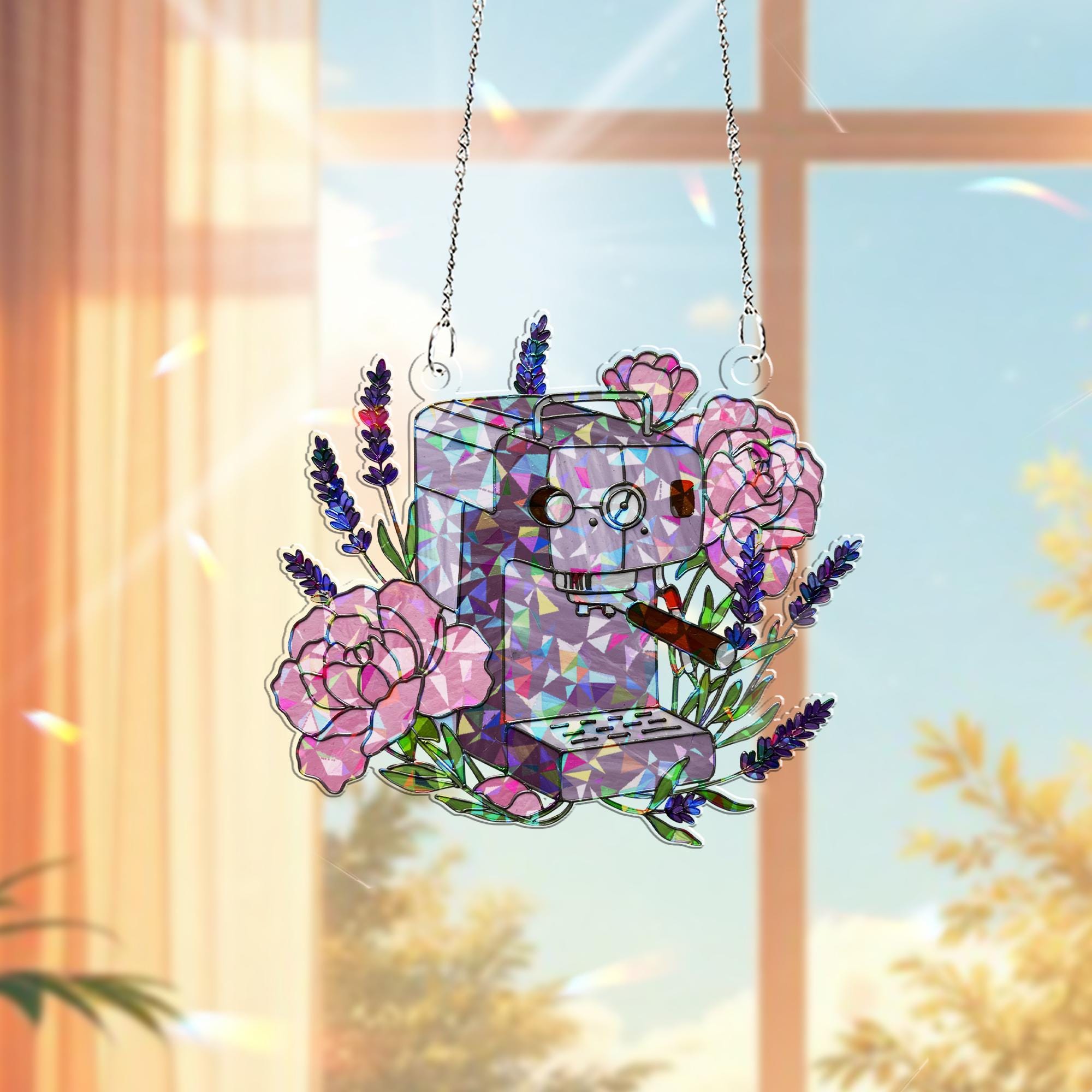 Floral Coffee Machine Hologram Acrylic Window Hanging – Beautiful Kitchen Decor – Perfect Mother's Day Gift for Coffee Lovers
