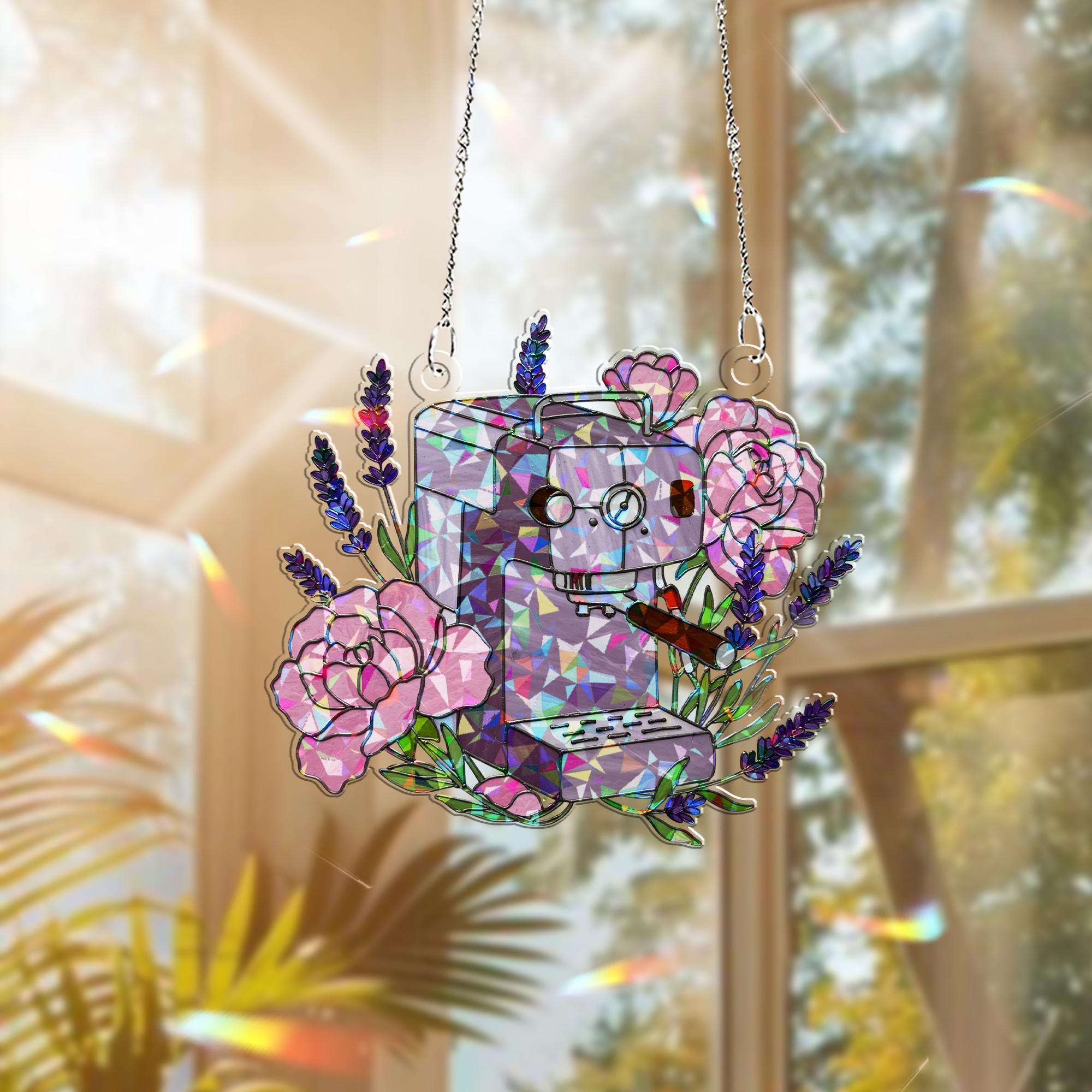 Floral Coffee Machine Hologram Acrylic Window Hanging – Beautiful Kitchen Decor – Perfect Mother's Day Gift for Coffee Lovers