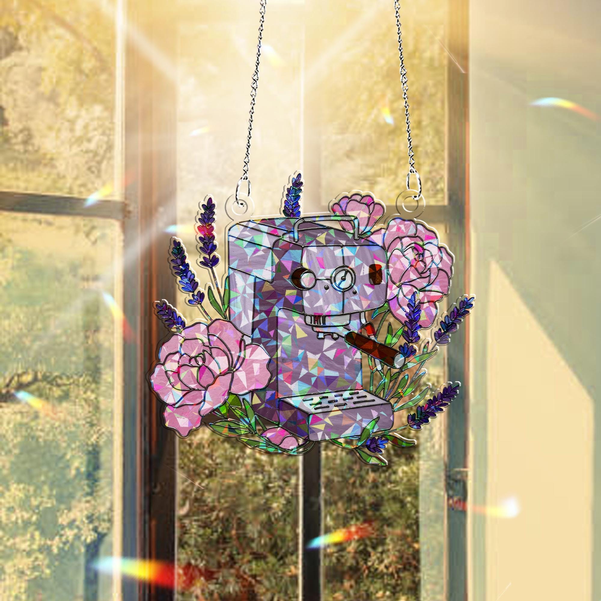 Floral Coffee Machine Hologram Acrylic Window Hanging – Beautiful Kitchen Decor – Perfect Mother's Day Gift for Coffee Lovers