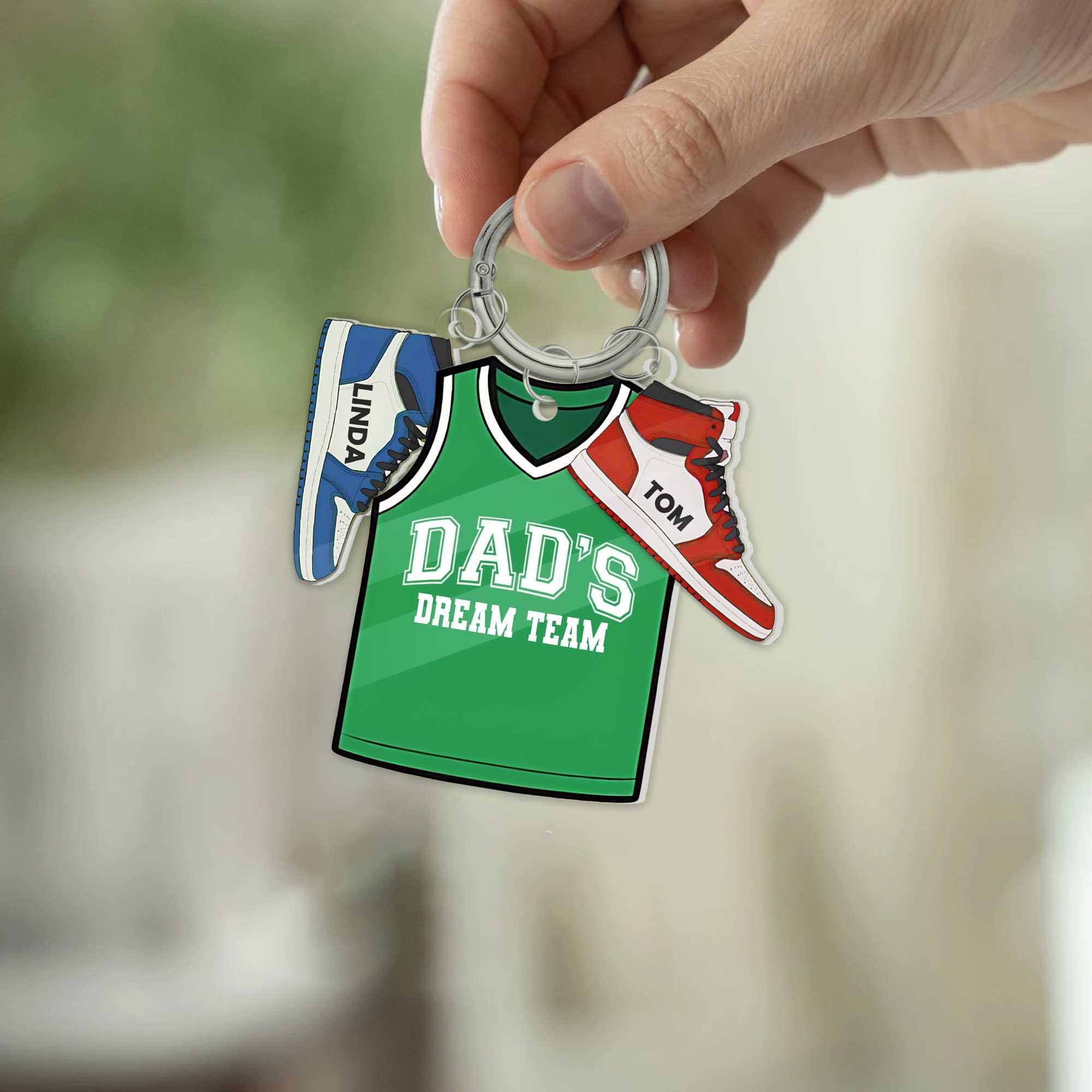 Dad's Dream Team Keychain – Personalized Basketball Jersey Gift with Kids' Sneaker Charms, Custom Father's Day Gift for Sports Dads