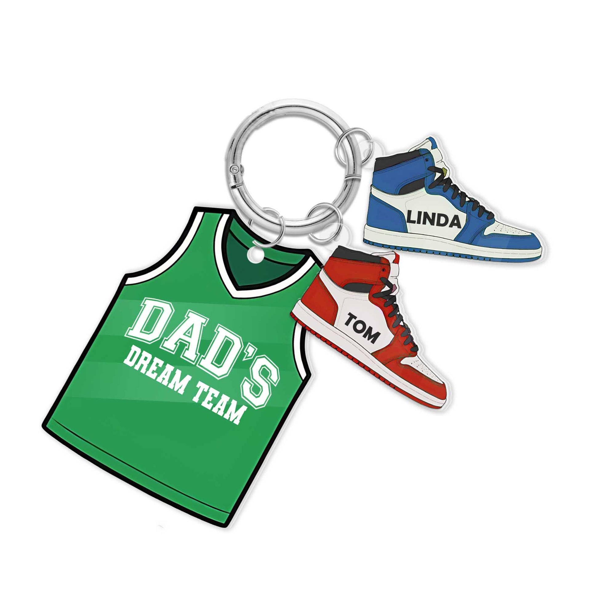 Dad's Dream Team Keychain – Personalized Basketball Jersey Gift with Kids' Sneaker Charms, Custom Father's Day Gift for Sports Dads