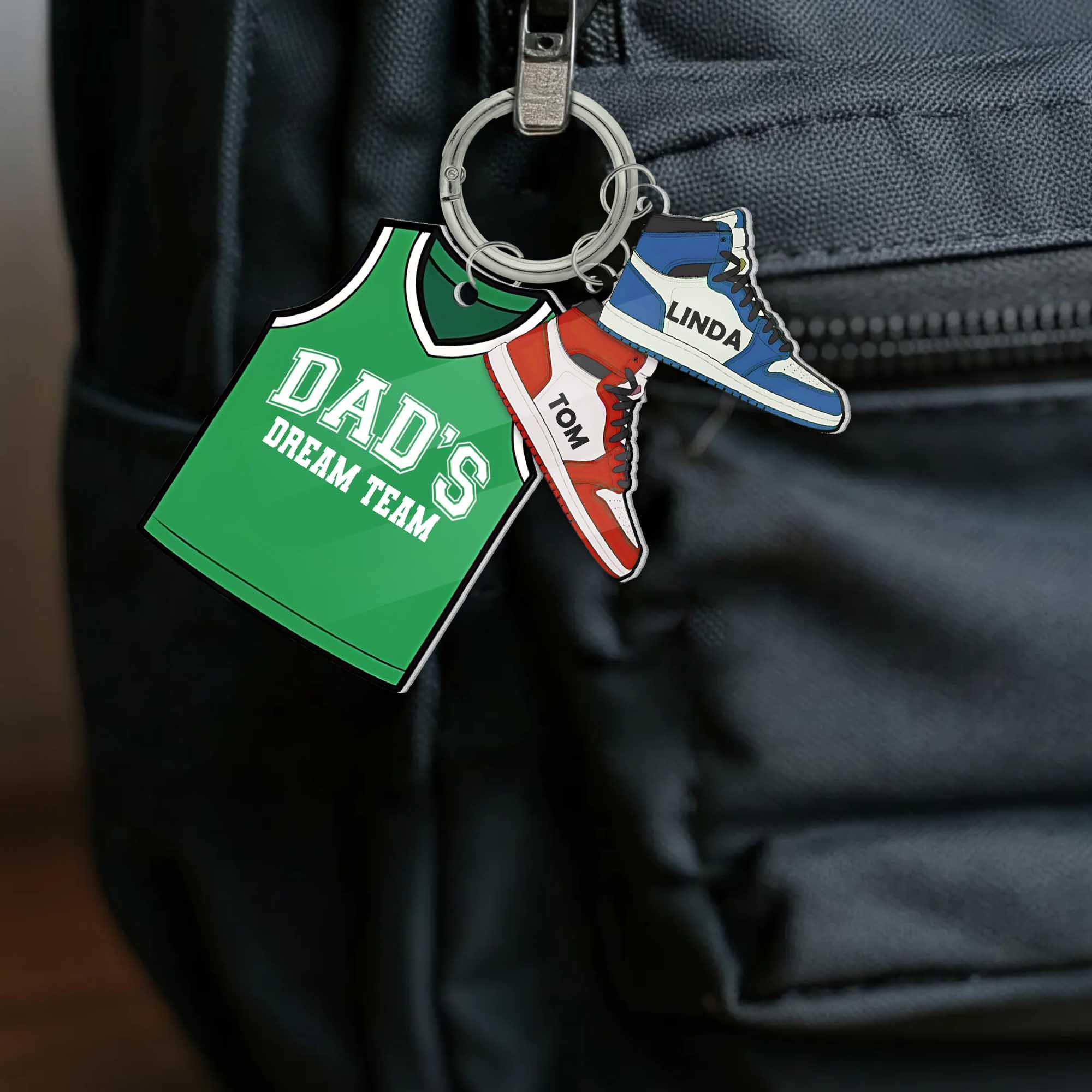 Dad's Dream Team Keychain – Personalized Basketball Jersey Gift with Kids' Sneaker Charms, Custom Father's Day Gift for Sports Dads