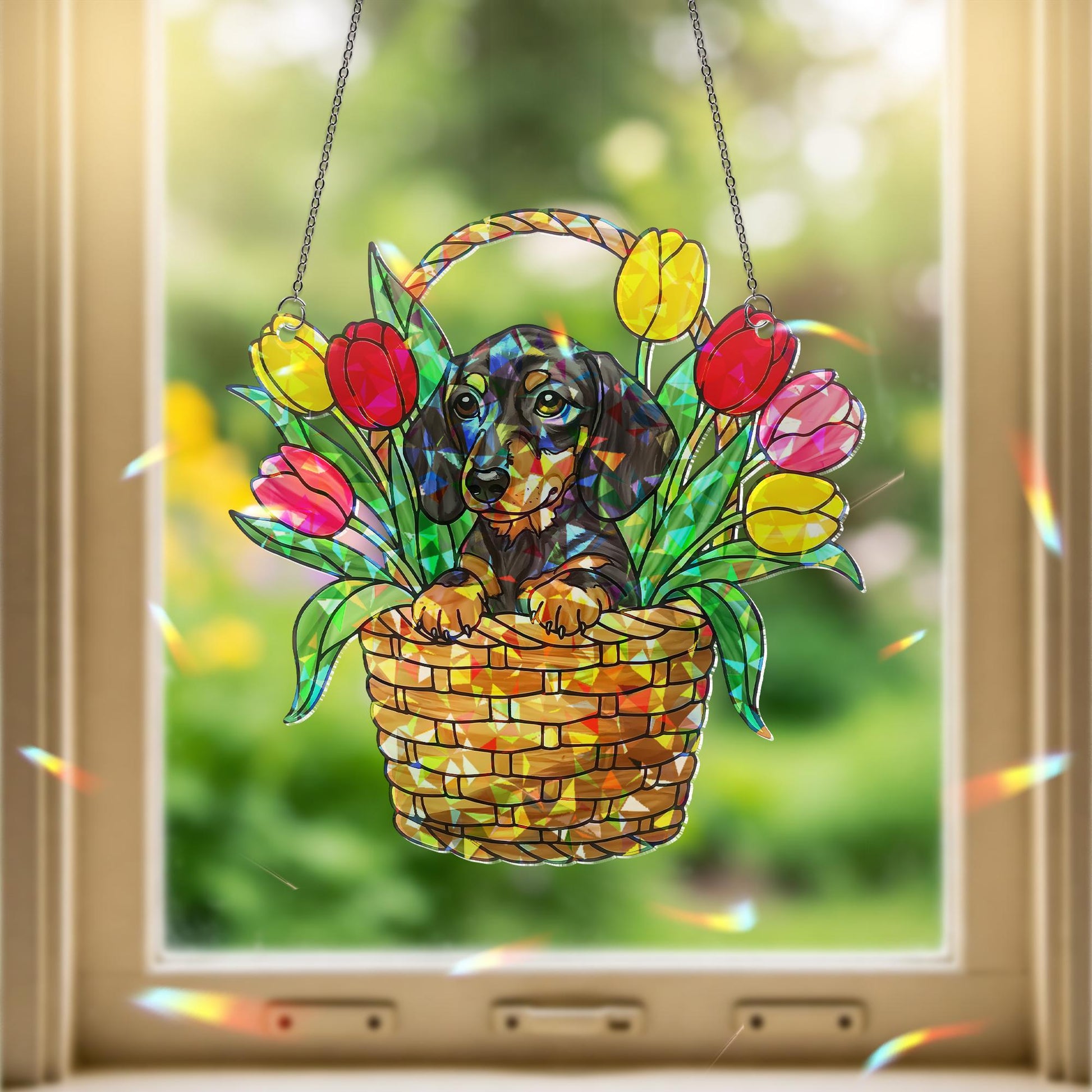 Dachshund Sitting on Tulip Basket Hologram ACRYLIC Window Hanging, Dog Lover Window Decor, Floral Sun Catcher, Pet Memorial Gift, Home Decor