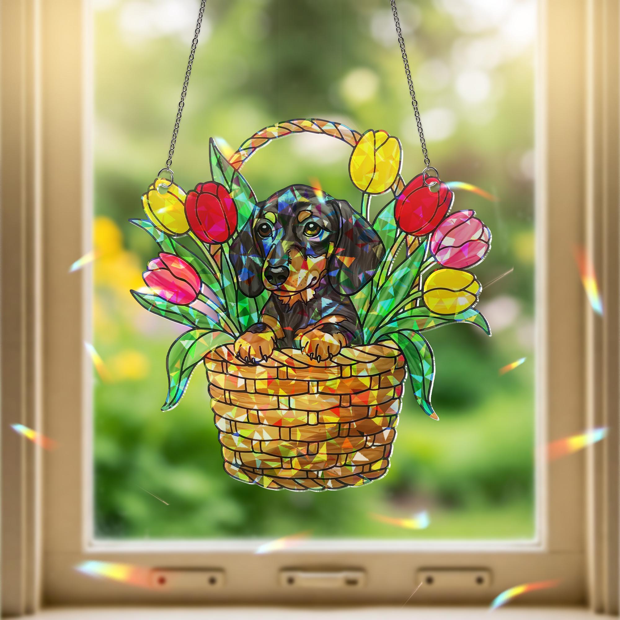 Dachshund Sitting on Tulip Basket Hologram ACRYLIC Window Hanging, Dog Lover Window Decor, Floral Sun Catcher, Pet Memorial Gift, Home Decor