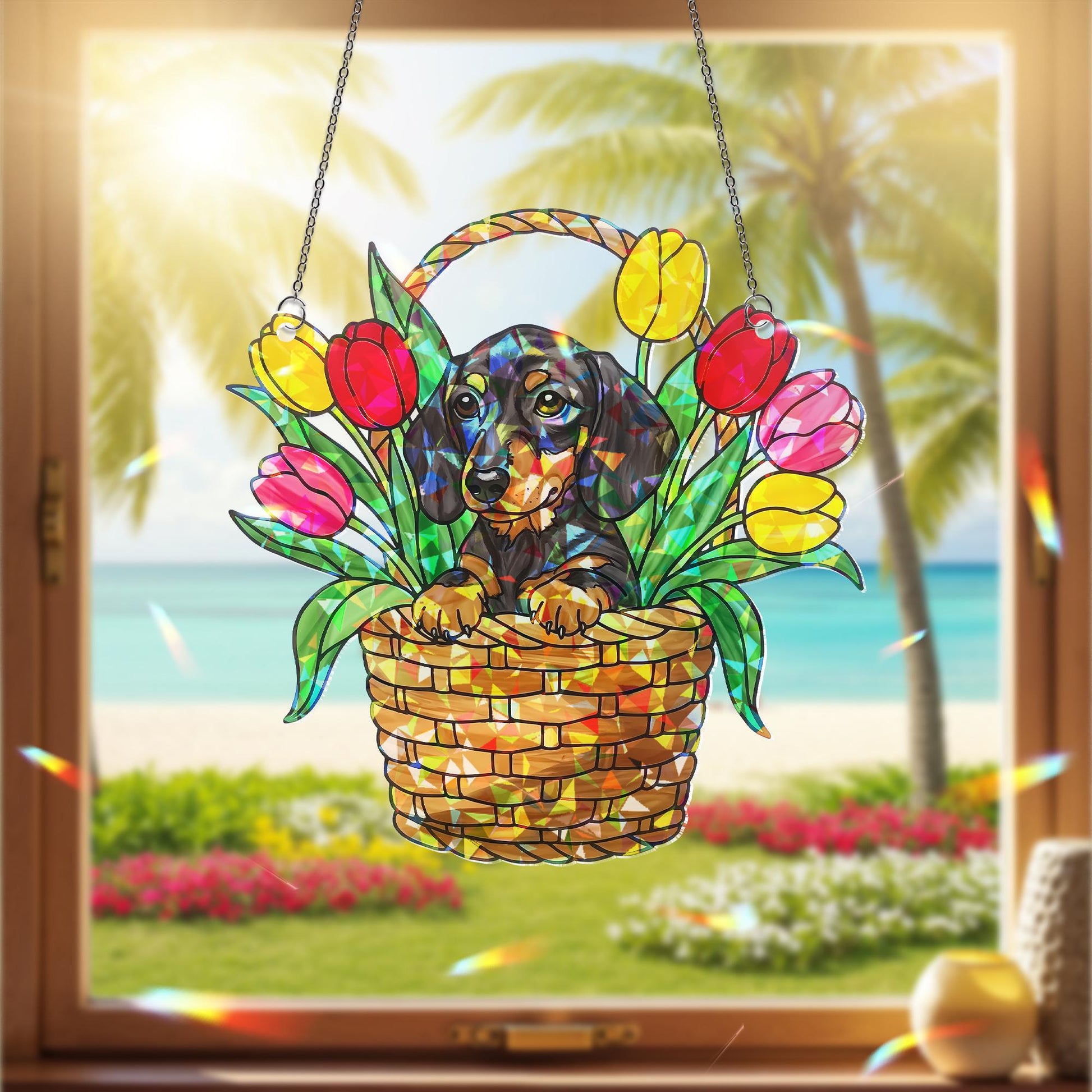 Dachshund Sitting on Tulip Basket Hologram ACRYLIC Window Hanging, Dog Lover Window Decor, Floral Sun Catcher, Pet Memorial Gift, Home Decor