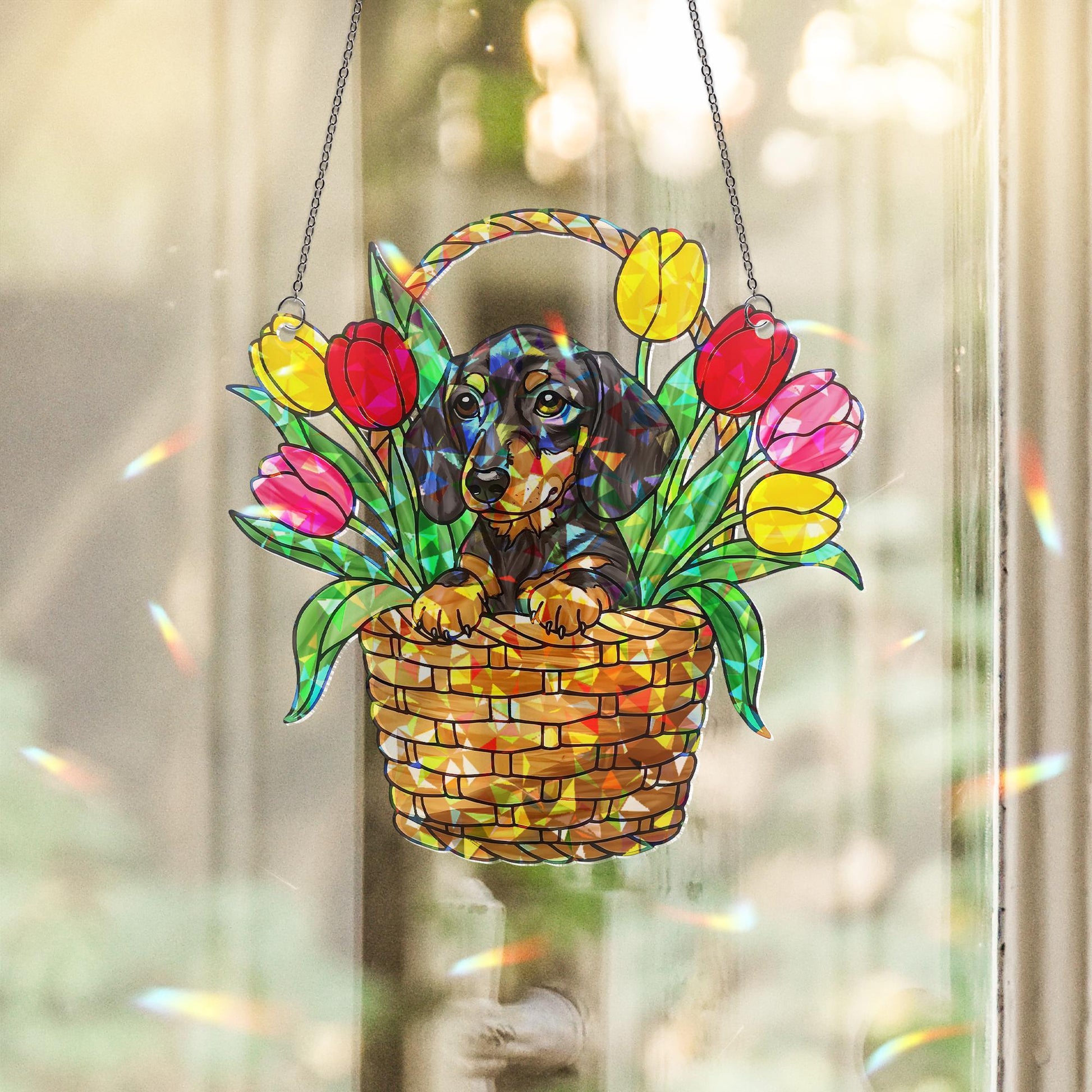 Dachshund Sitting on Tulip Basket Hologram ACRYLIC Window Hanging, Dog Lover Window Decor, Floral Sun Catcher, Pet Memorial Gift, Home Decor