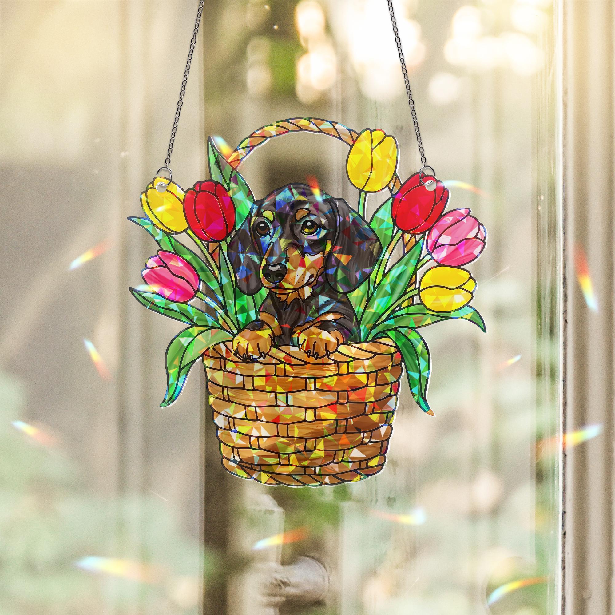 Dachshund Sitting on Tulip Basket Hologram ACRYLIC Window Hanging, Dog Lover Window Decor, Floral Sun Catcher, Pet Memorial Gift, Home Decor