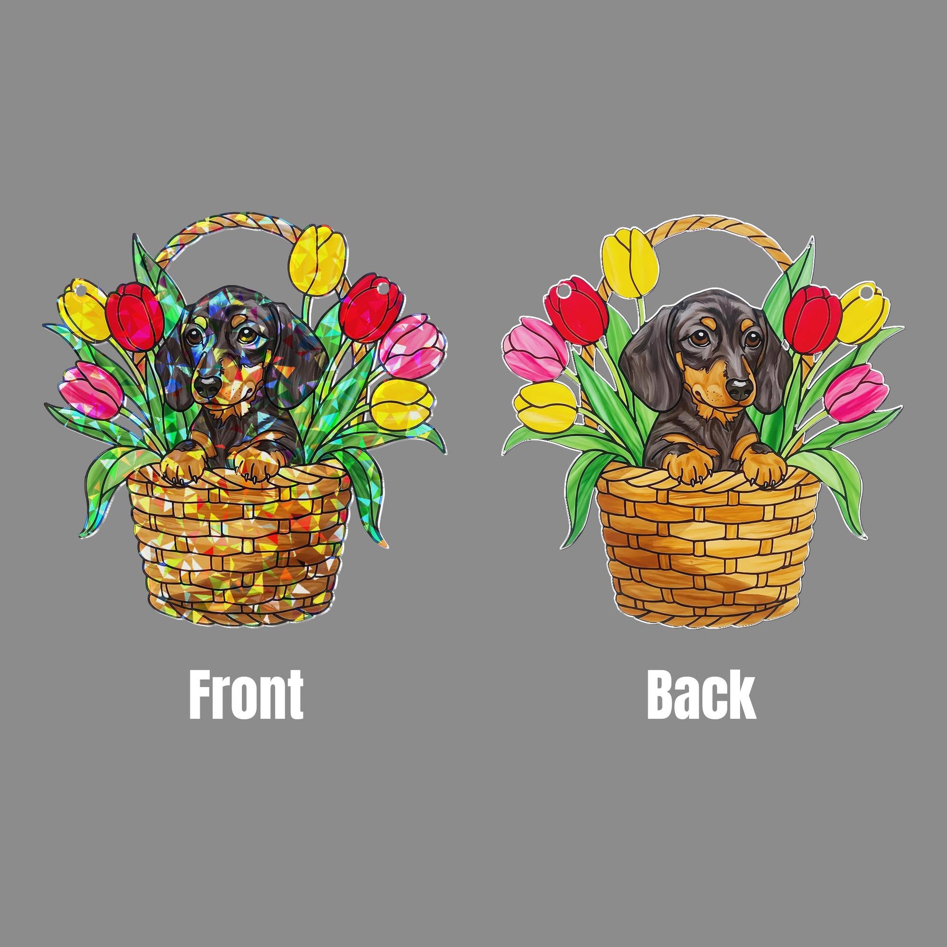 Dachshund Sitting on Tulip Basket Hologram ACRYLIC Window Hanging, Dog Lover Window Decor, Floral Sun Catcher, Pet Memorial Gift, Home Decor
