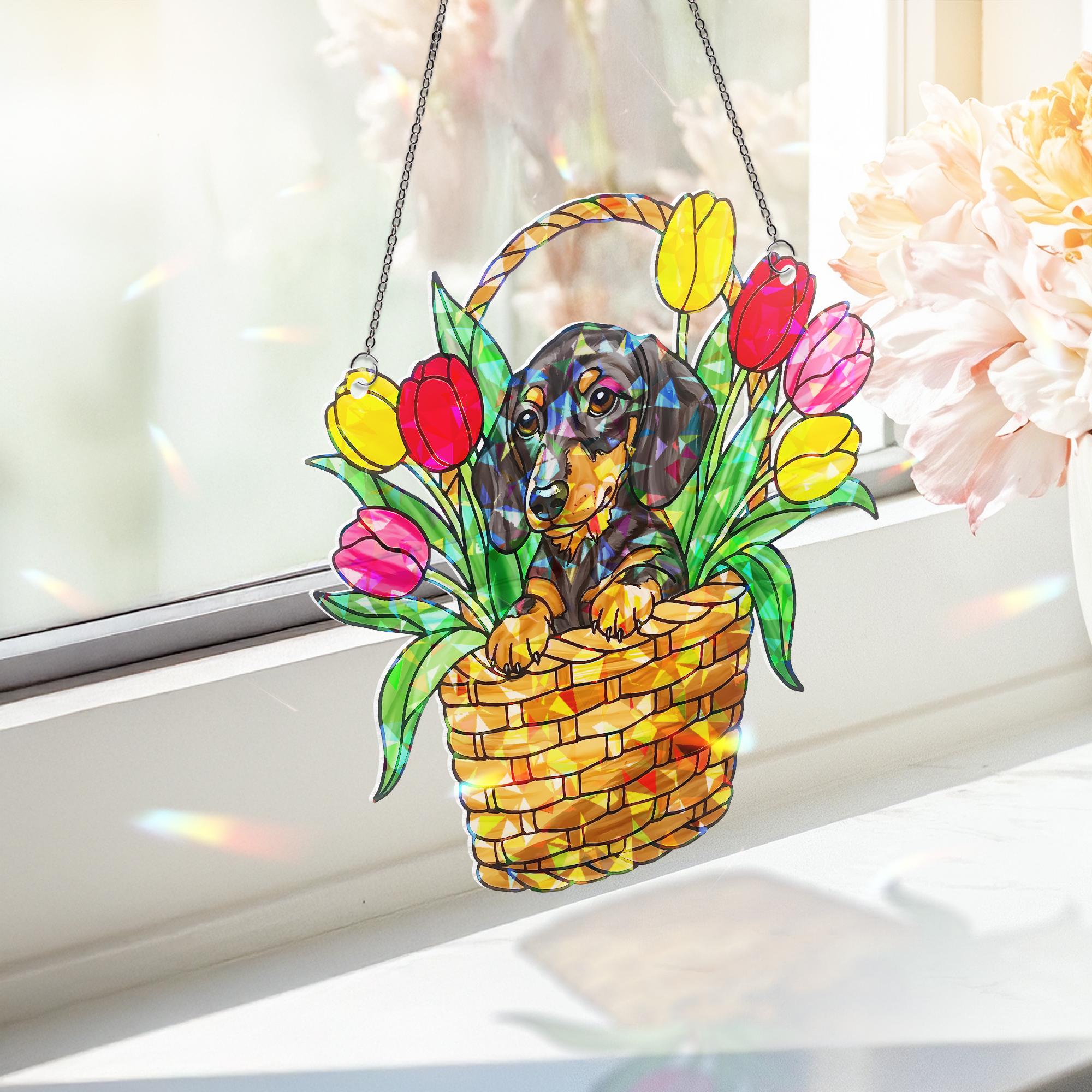 Dachshund Sitting on Tulip Basket Hologram ACRYLIC Window Hanging, Dog Lover Window Decor, Floral Sun Catcher, Pet Memorial Gift, Home Decor
