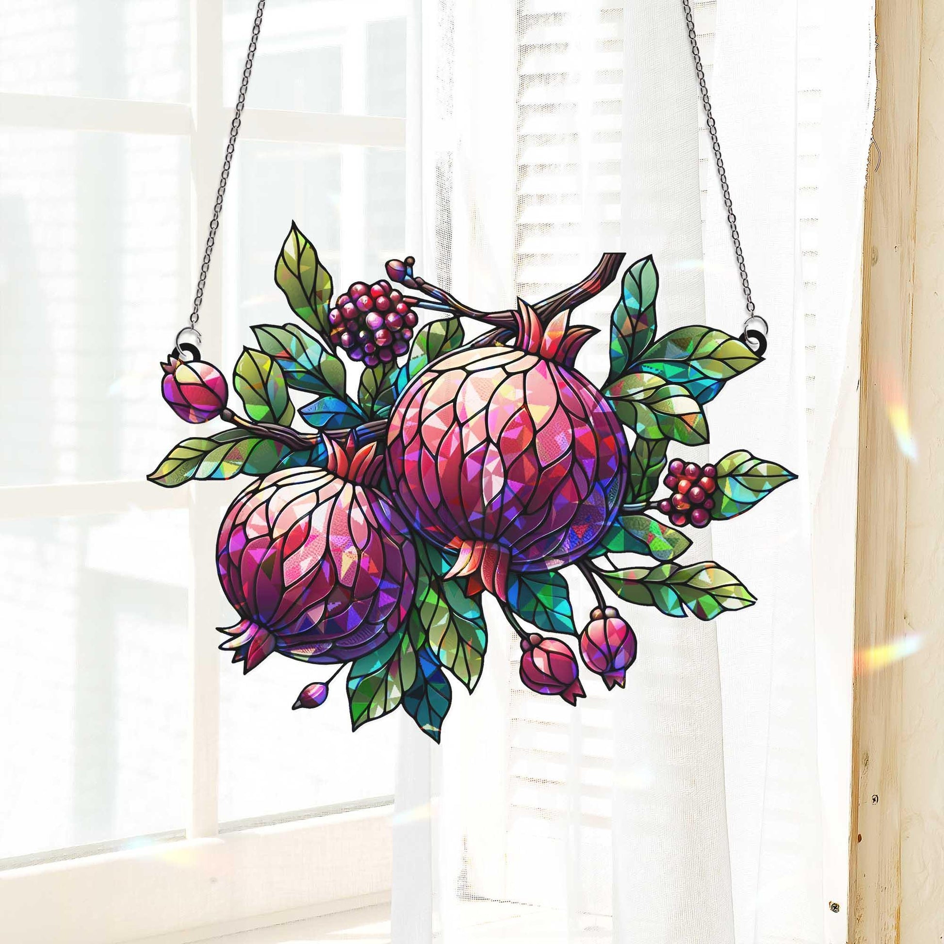 Pomegranate Hologram Window Hanging – Sun Catcher with Fruit and Leaves, Vibrant Kitchen or Garden Decor