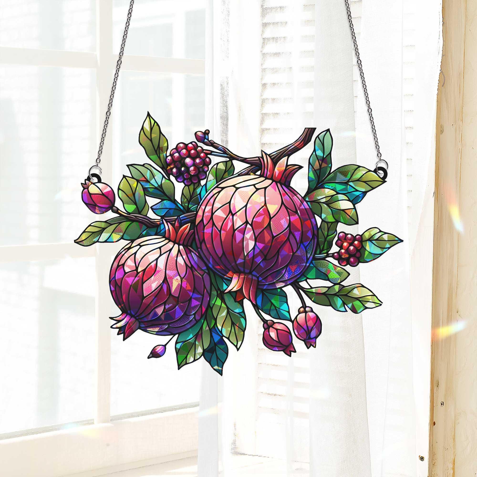 Pomegranate Hologram Window Hanging – Sun Catcher with Fruit and Leaves, Vibrant Kitchen or Garden Decor