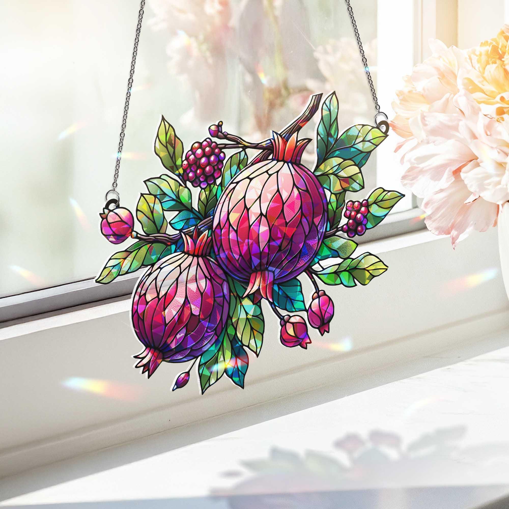 Pomegranate Hologram Window Hanging – Sun Catcher with Fruit and Leaves, Vibrant Kitchen or Garden Decor
