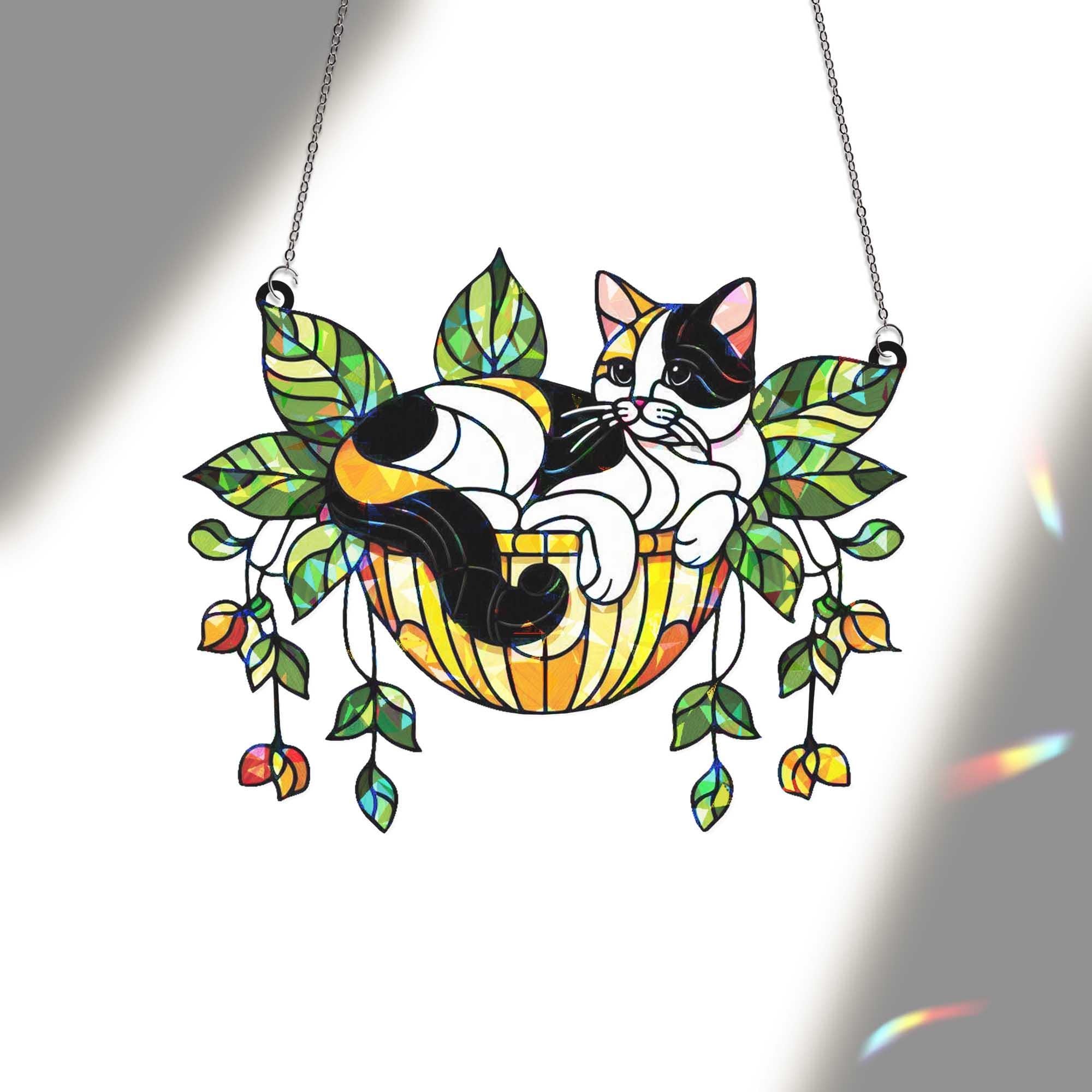 Cat in Hanging Basket Holographic Window Hanging – Stained Glass Look Suncatcher, Cute Kitty Plant Lover Gift, Window Decor Art