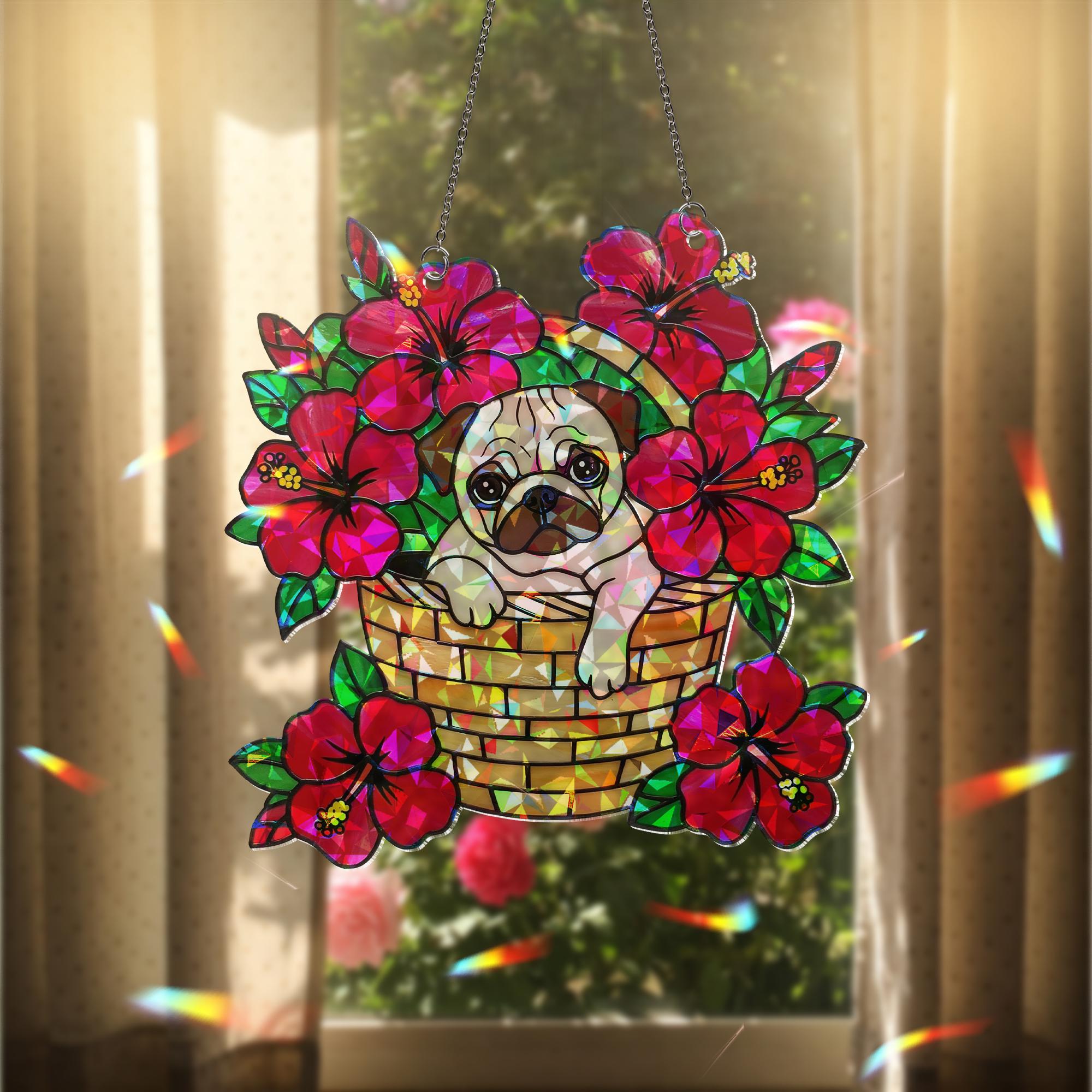 Pug Sitting on Hibiscus Basket ACRYLIC Window Hanging, Dog Lover Window Decor, Floral Sun Catcher, Pet Gift, Summer Home Decoration