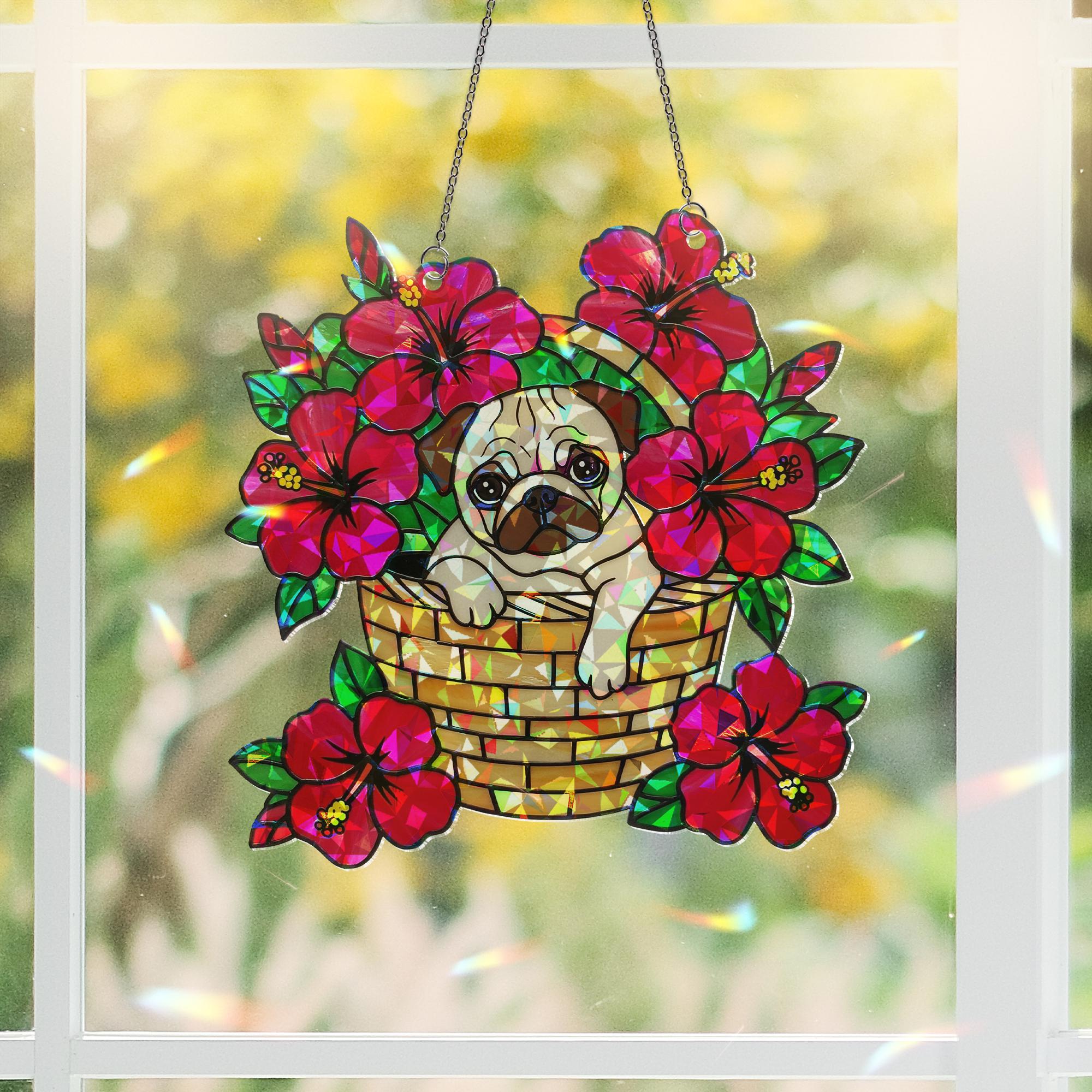 Pug Sitting on Hibiscus Basket ACRYLIC Window Hanging, Dog Lover Window Decor, Floral Sun Catcher, Pet Gift, Summer Home Decoration