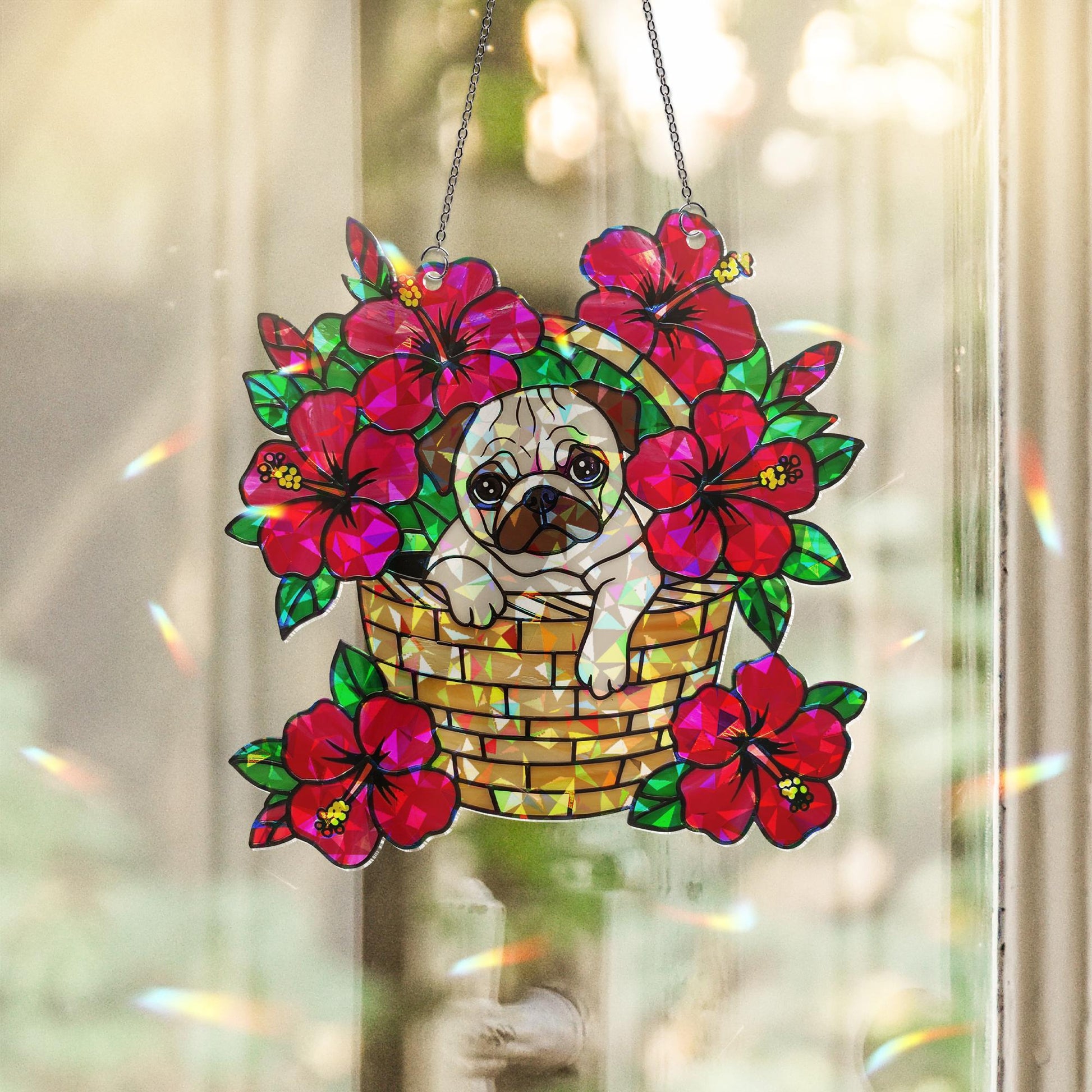 Pug Sitting on Hibiscus Basket ACRYLIC Window Hanging, Dog Lover Window Decor, Floral Sun Catcher, Pet Gift, Summer Home Decoration