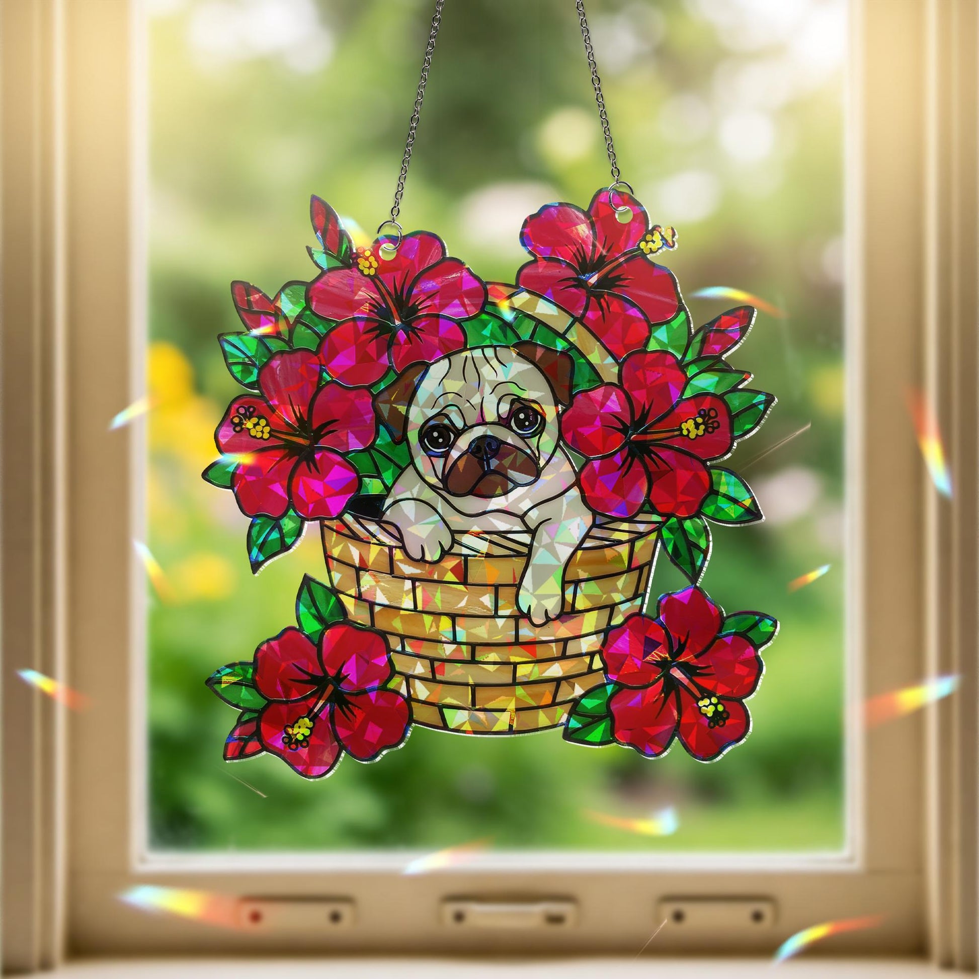 Pug Sitting on Hibiscus Basket ACRYLIC Window Hanging, Dog Lover Window Decor, Floral Sun Catcher, Pet Gift, Summer Home Decoration