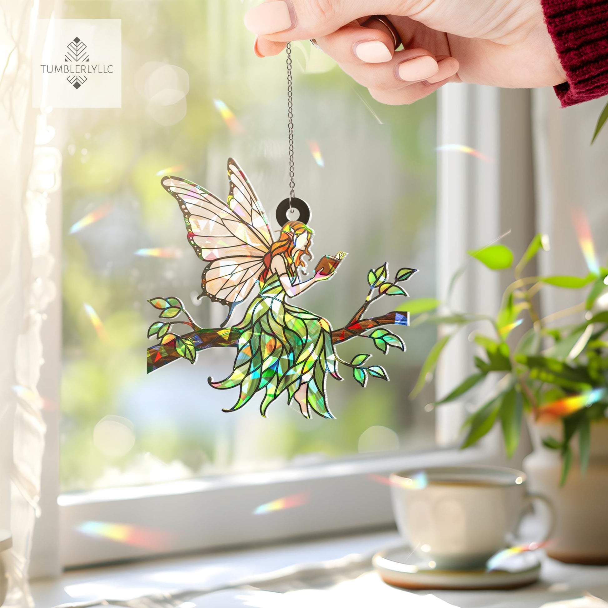 Magical Holographic Fairy Suncatcher - Acrylic Window Hanging Fairy Reading Book - Iridescent Fairy Window Decor Gift for Nature Lovers
