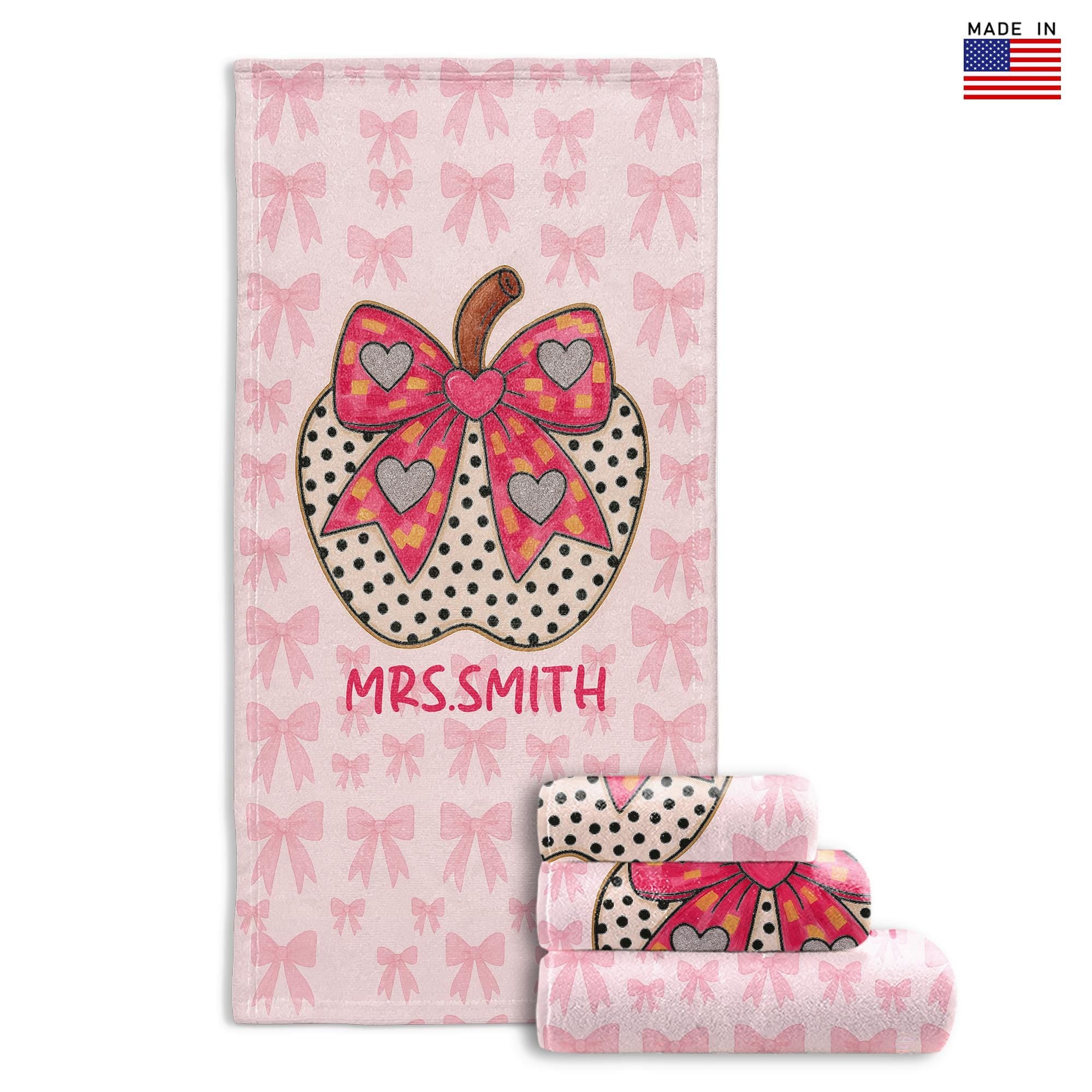 Custom Coquette Bow Teacher Towel – Personalized Name Beach Gift for Teacher, Pink Gingham Apple Summer Break Gift for Mrs. or Miss
