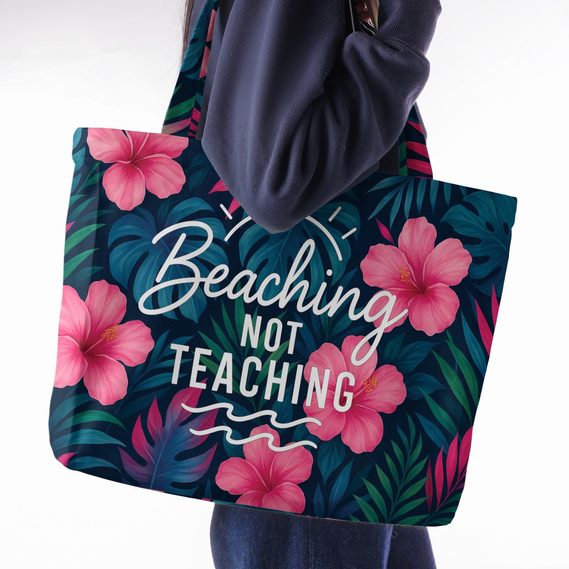 Beaching Not Teaching Tote Bag – Funny Summer Teacher Gift, Tropical Floral Vacation Bag, End of School Year Beach Bag for Teachers
