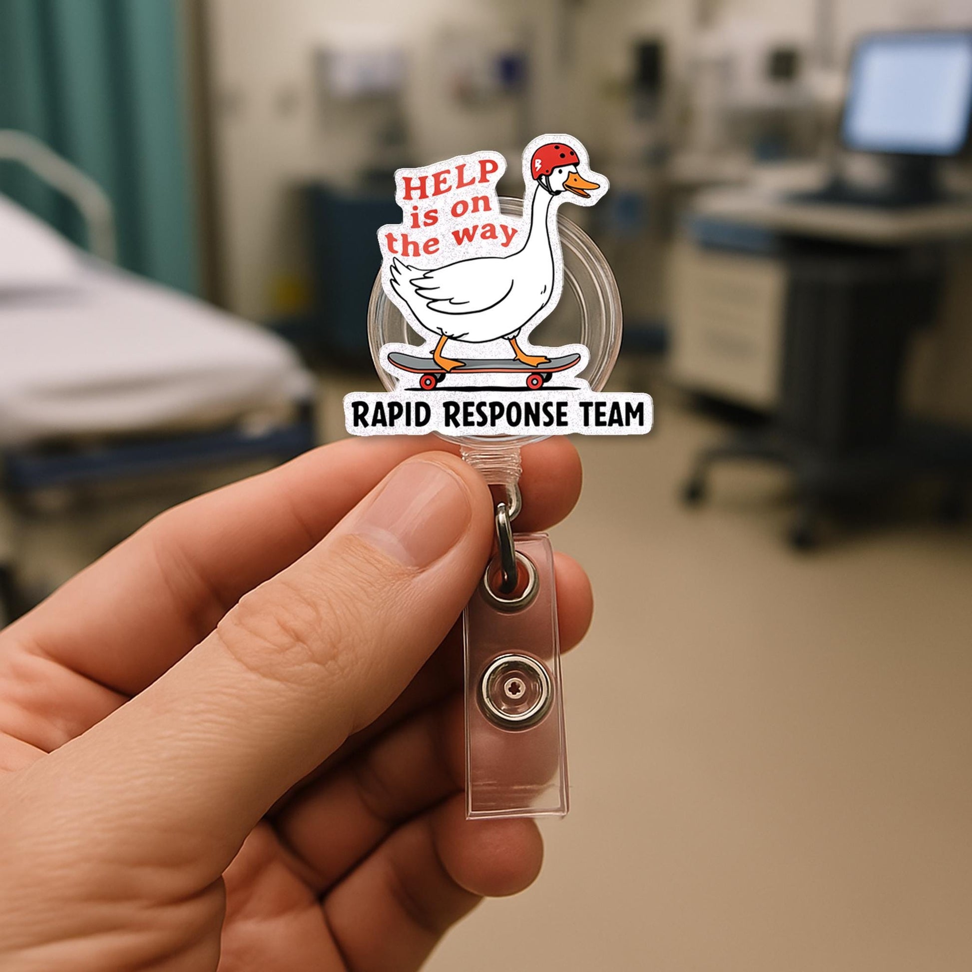 Funny Silly goose Badge Reel – Rapid Response Team ID Holder, Nurse Gift for Healthcare Workers, Help Is on the Way Hospital Badge Clip