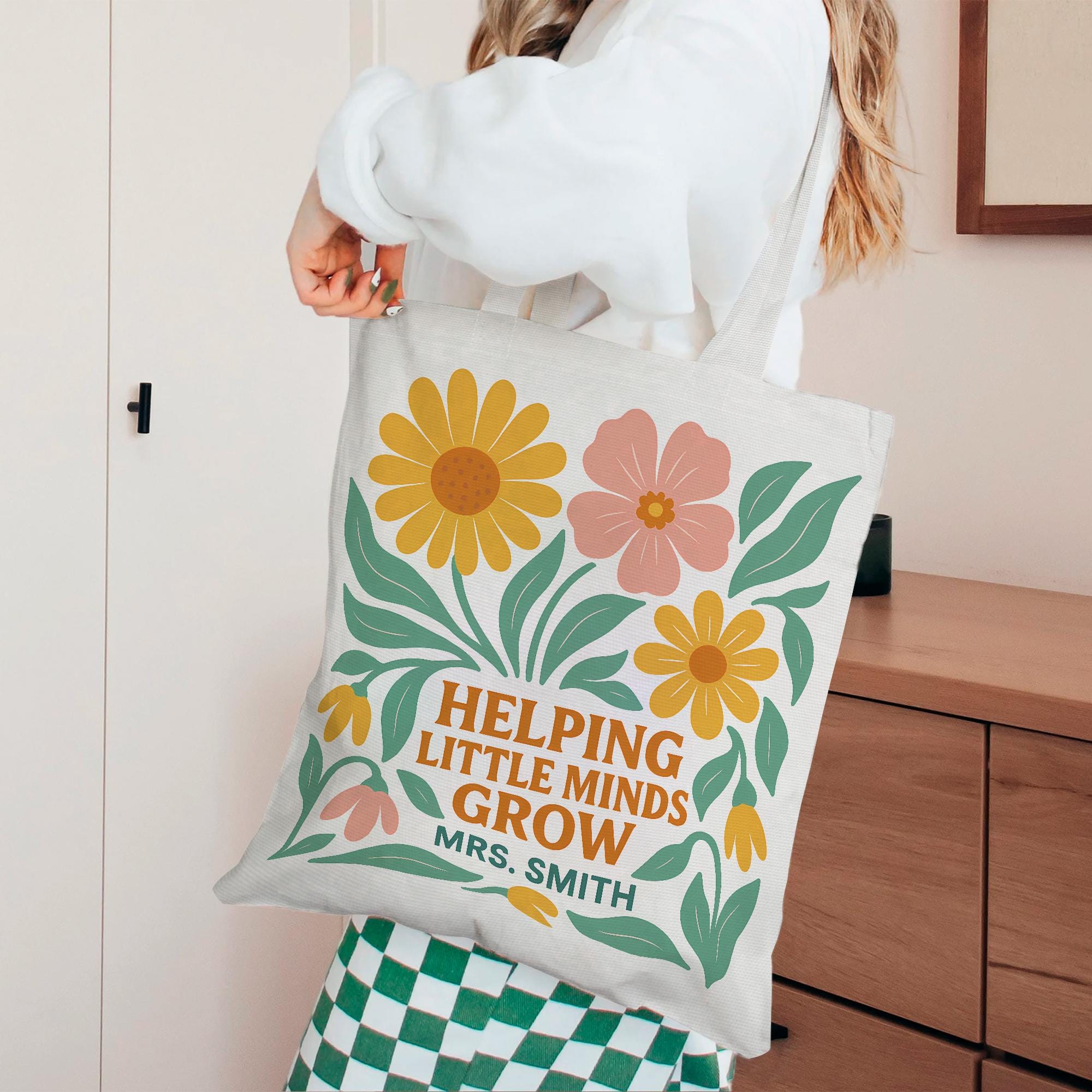 Helping Little Minds Grow Custom Tote – Personalized Teacher Gift, Floral Summer Tote Bag for Preschool & Elementary Educators