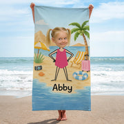 Custom Face Kids Beach Towel – Personalized Cartoon Boy or Girl Summer Towel with Name, Fun Vacation Gift for Toddlers & Children