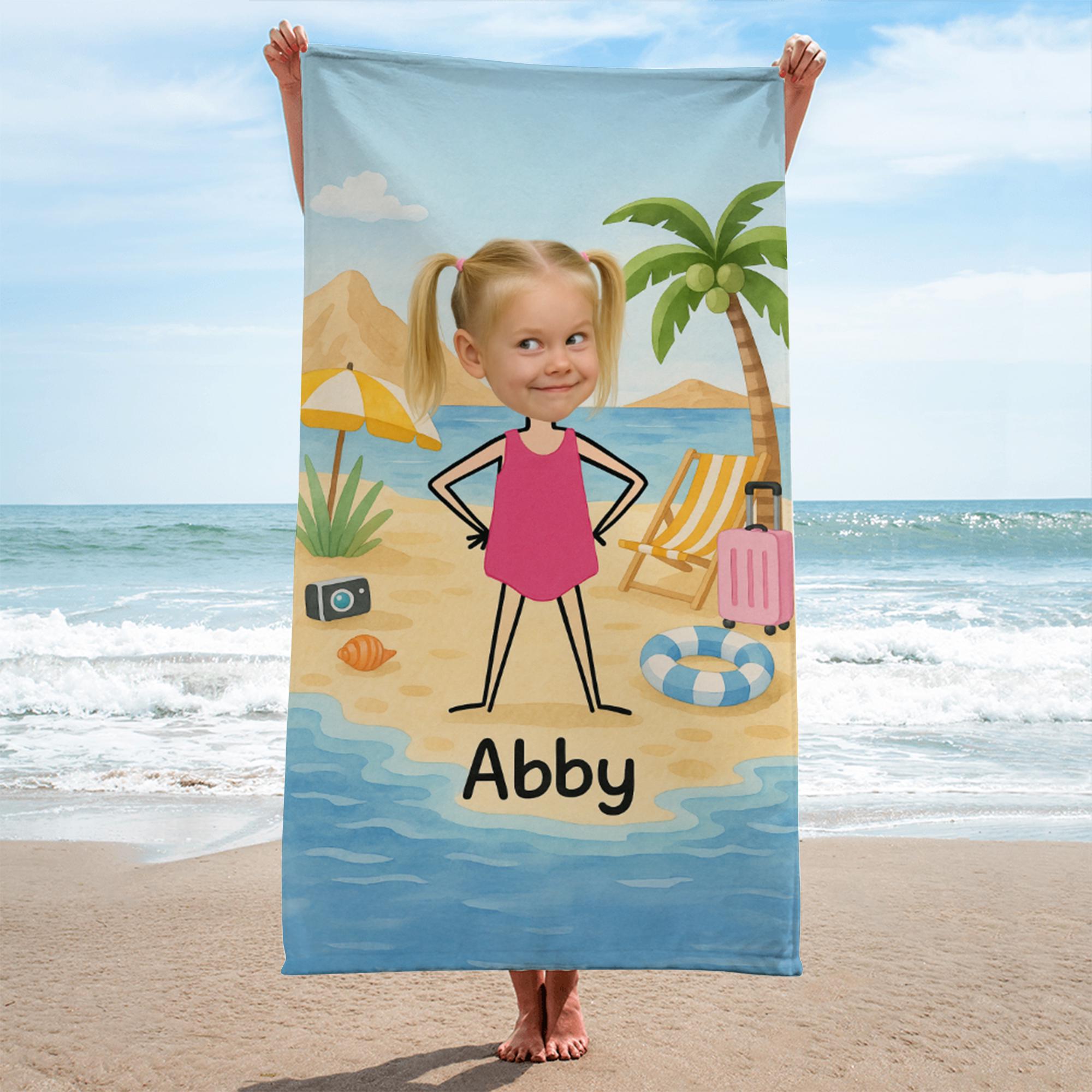 Custom Face Kids Beach Towel – Personalized Cartoon Boy or Girl Summer Towel with Name, Fun Vacation Gift for Toddlers & Children