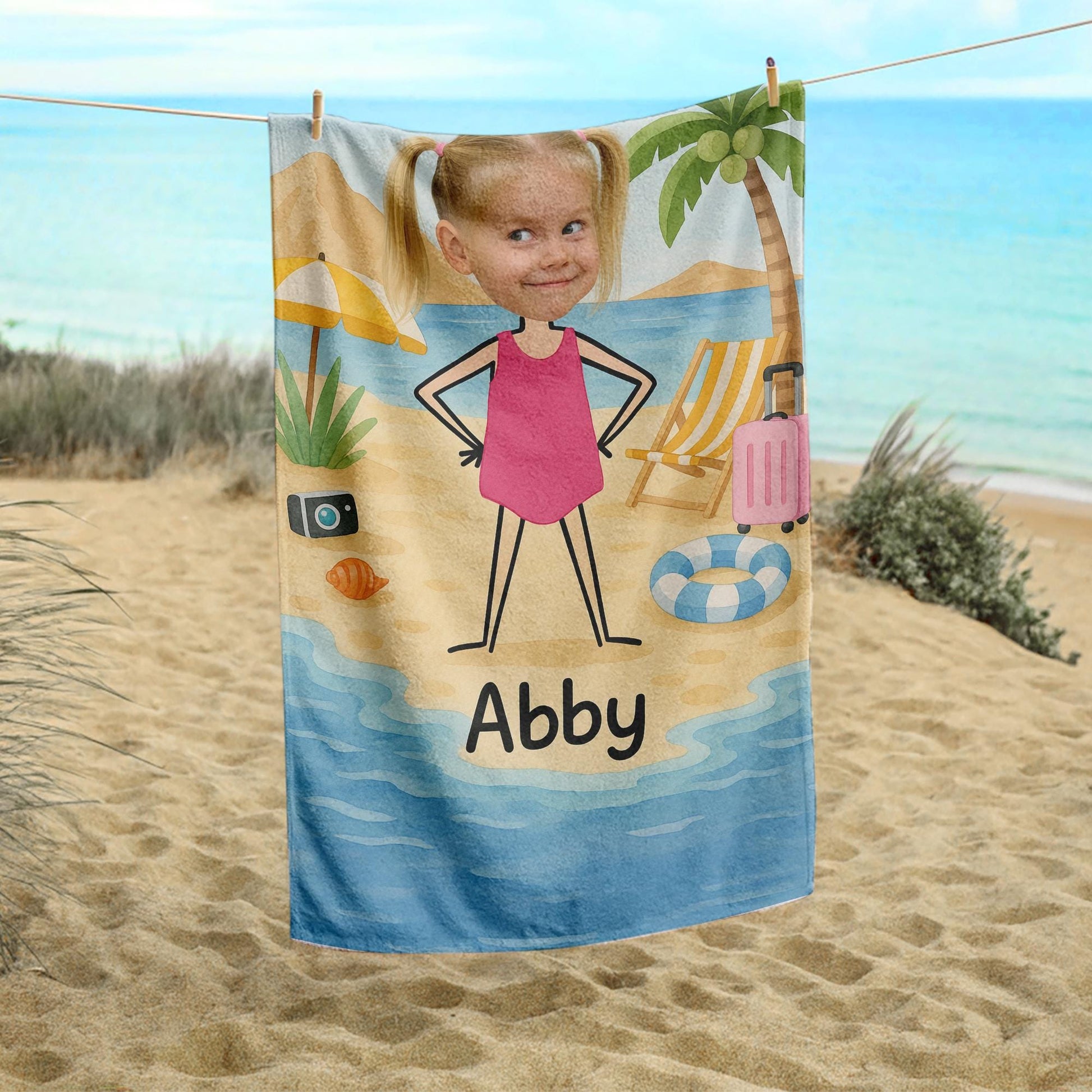 Custom Face Kids Beach Towel – Personalized Cartoon Boy or Girl Summer Towel with Name, Fun Vacation Gift for Toddlers & Children