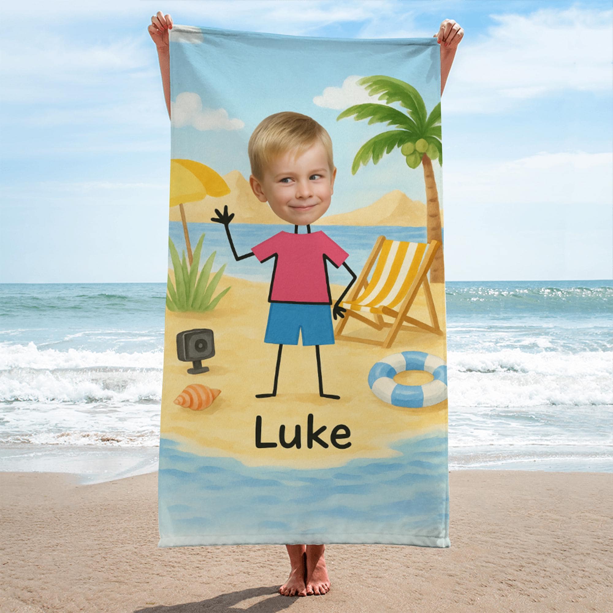 Custom Face Kids Beach Towel – Personalized Cartoon Boy or Girl Summer Towel with Name, Fun Vacation Gift for Toddlers & Children