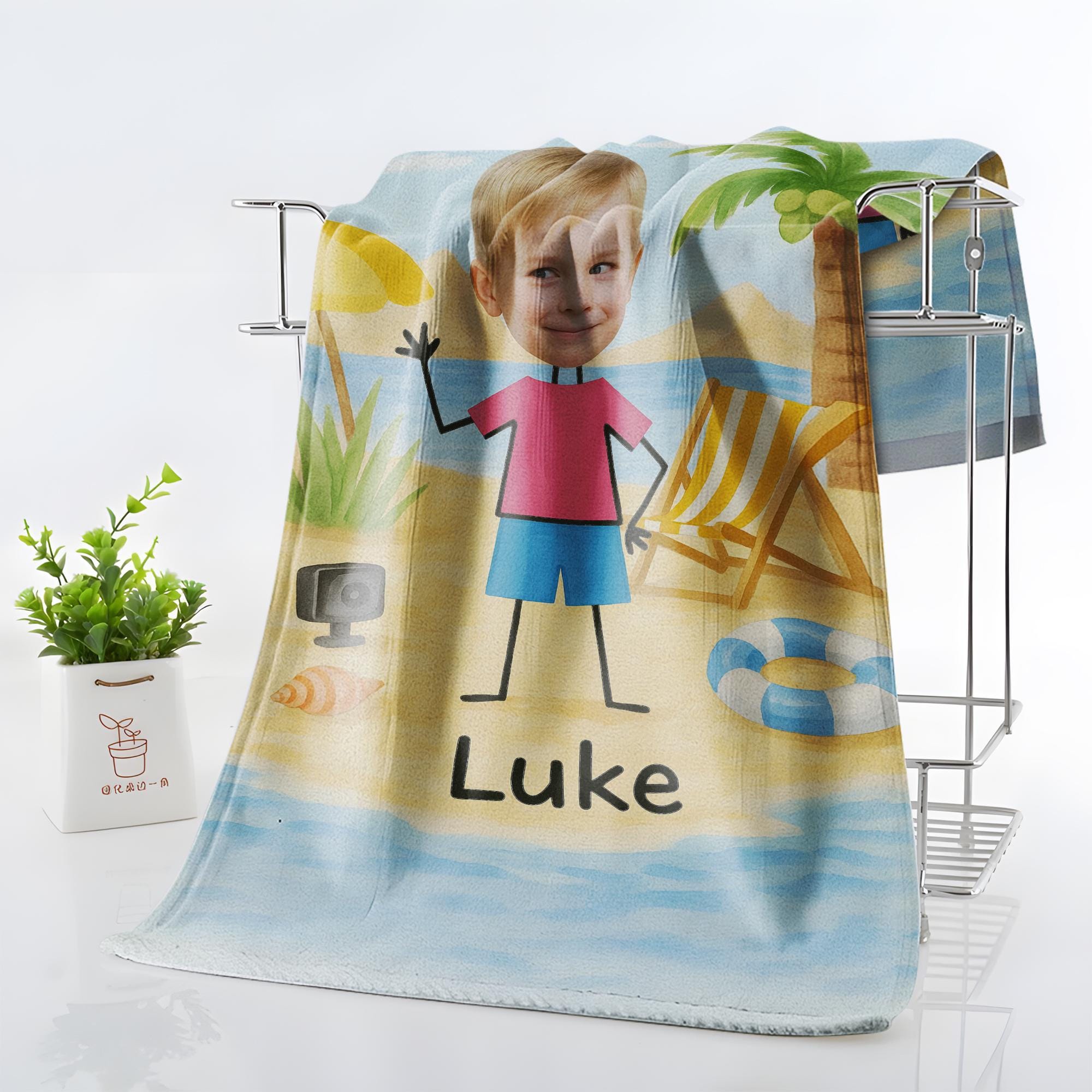 Custom Face Kids Beach Towel – Personalized Cartoon Boy or Girl Summer Towel with Name, Fun Vacation Gift for Toddlers & Children