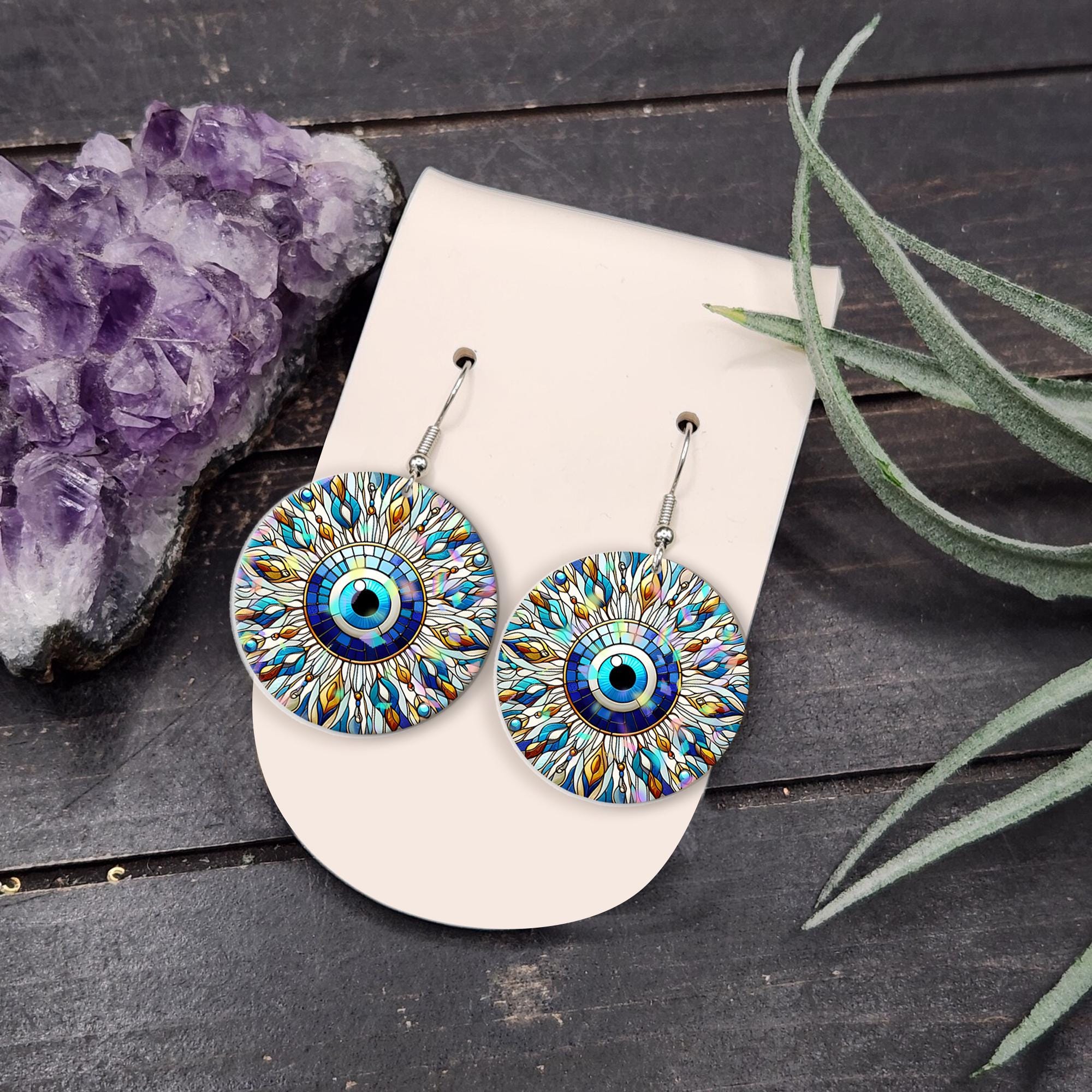 Evil Eye Dangle Earrings – Colorful Boho Protection Jewelry, Lightweight Mandala Style Statement Earrings for Good Luck & Energy