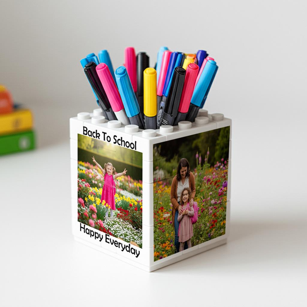 Personalised Back to School Brick Desk Pencil Pot, Custom Children's picture Bedroom Gift Pencil Pot, Gifts for Dad, Kids, Children, Student