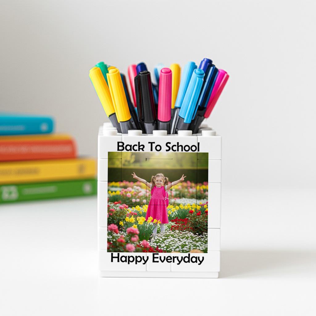 Personalised Back to School Brick Desk Pencil Pot, Custom Children's picture Bedroom Gift Pencil Pot, Gifts for Dad, Kids, Children, Student