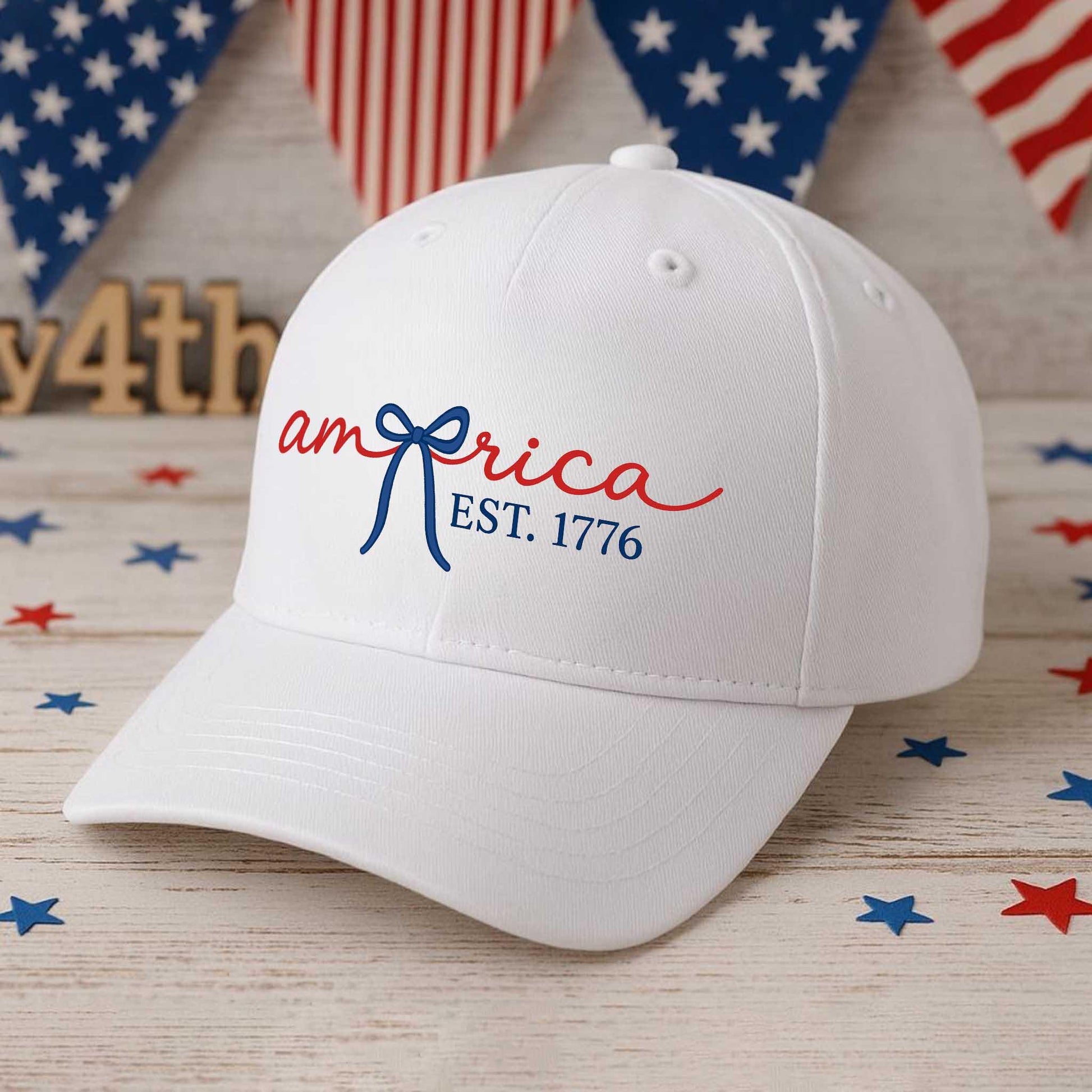 America EST. 1776 Hat – Patriotic White Baseball Cap with Bow Script Design – Cute 4th of July Hat for Women, USA Freedom Gift