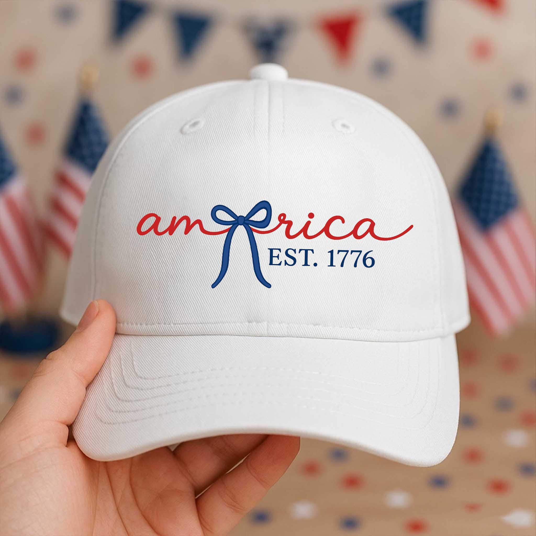 America EST. 1776 Hat – Patriotic White Baseball Cap with Bow Script Design – Cute 4th of July Hat for Women, USA Freedom Gift