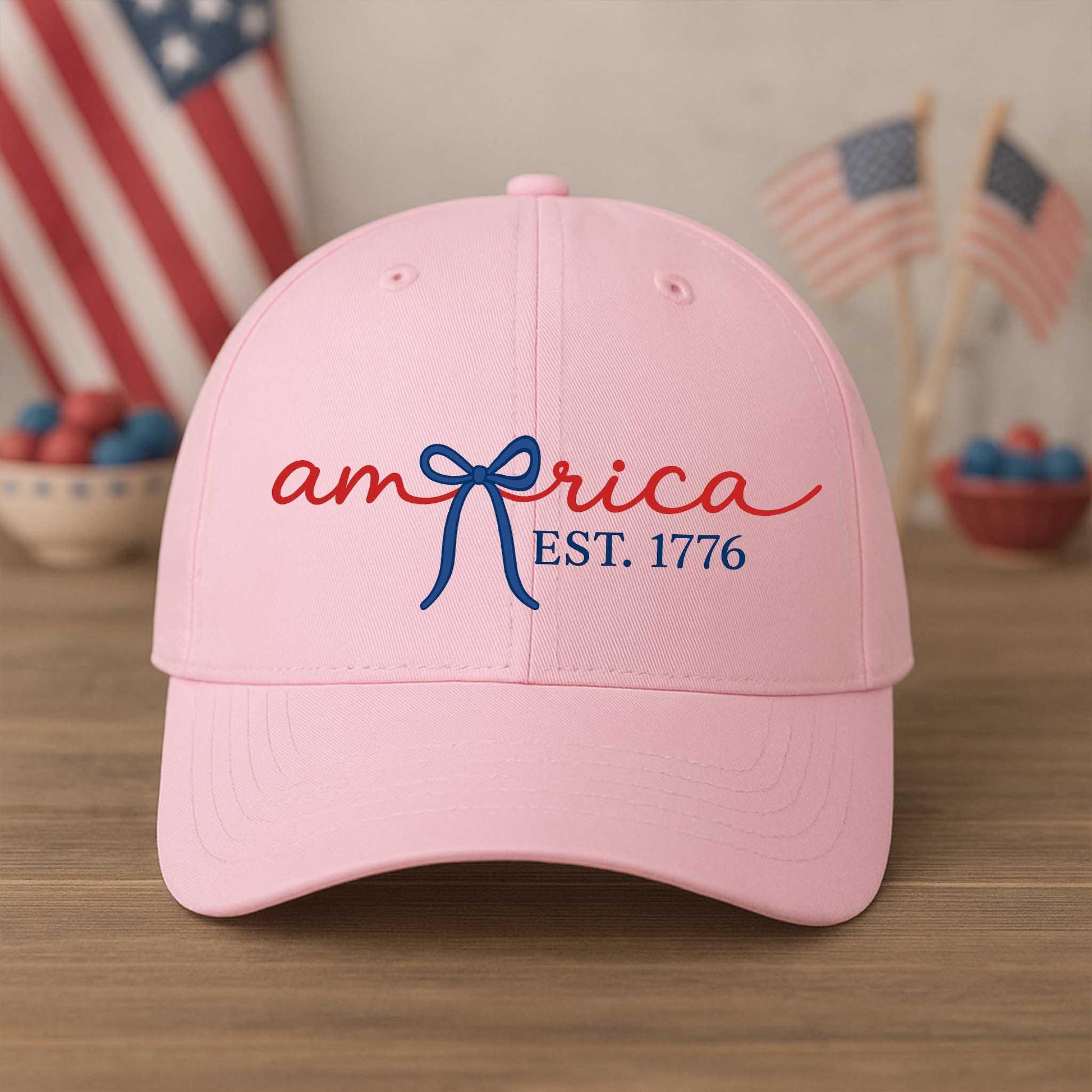 America EST. 1776 Hat – Patriotic White Baseball Cap with Bow Script Design – Cute 4th of July Hat for Women, USA Freedom Gift