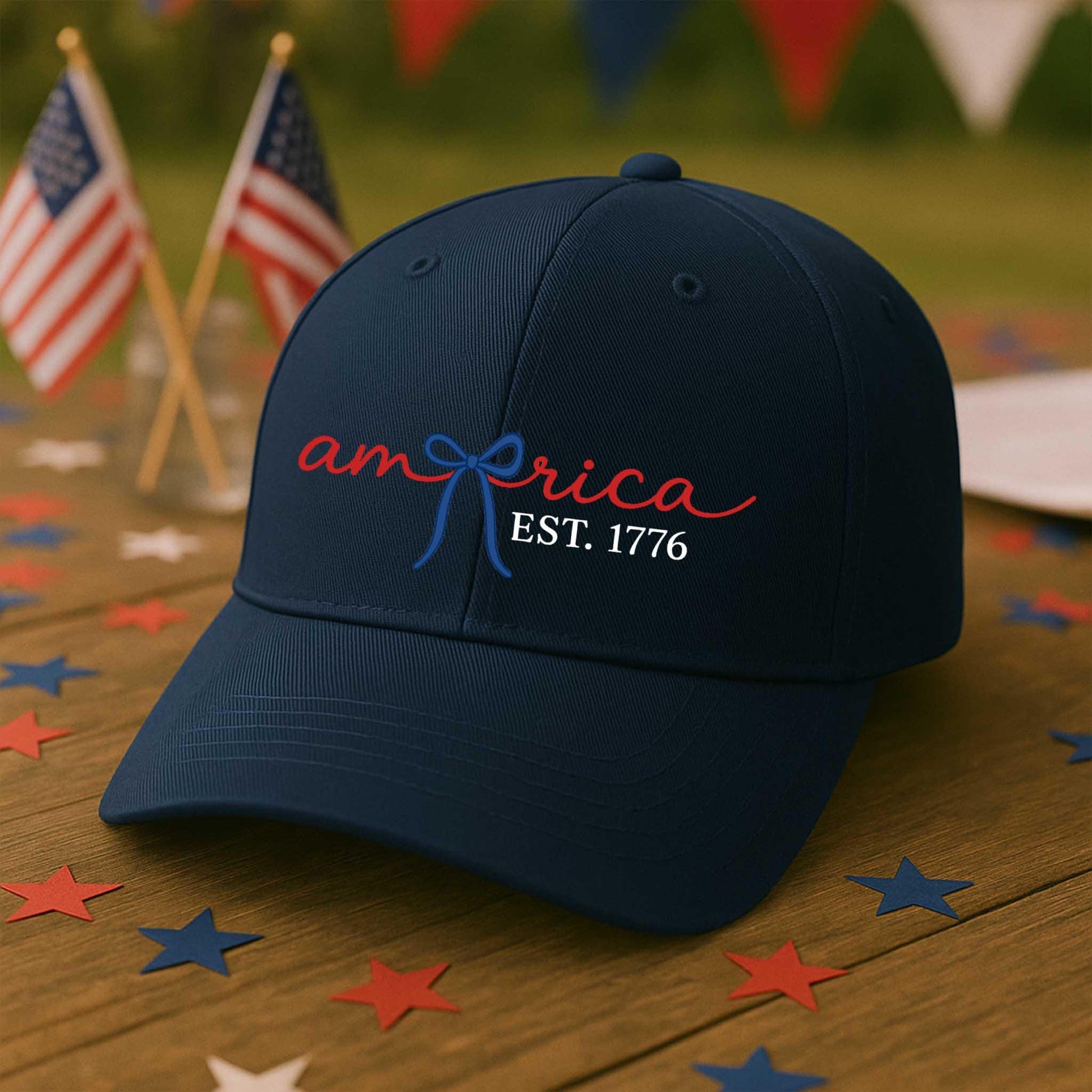 America EST. 1776 Hat – Patriotic White Baseball Cap with Bow Script Design – Cute 4th of July Hat for Women, USA Freedom Gift