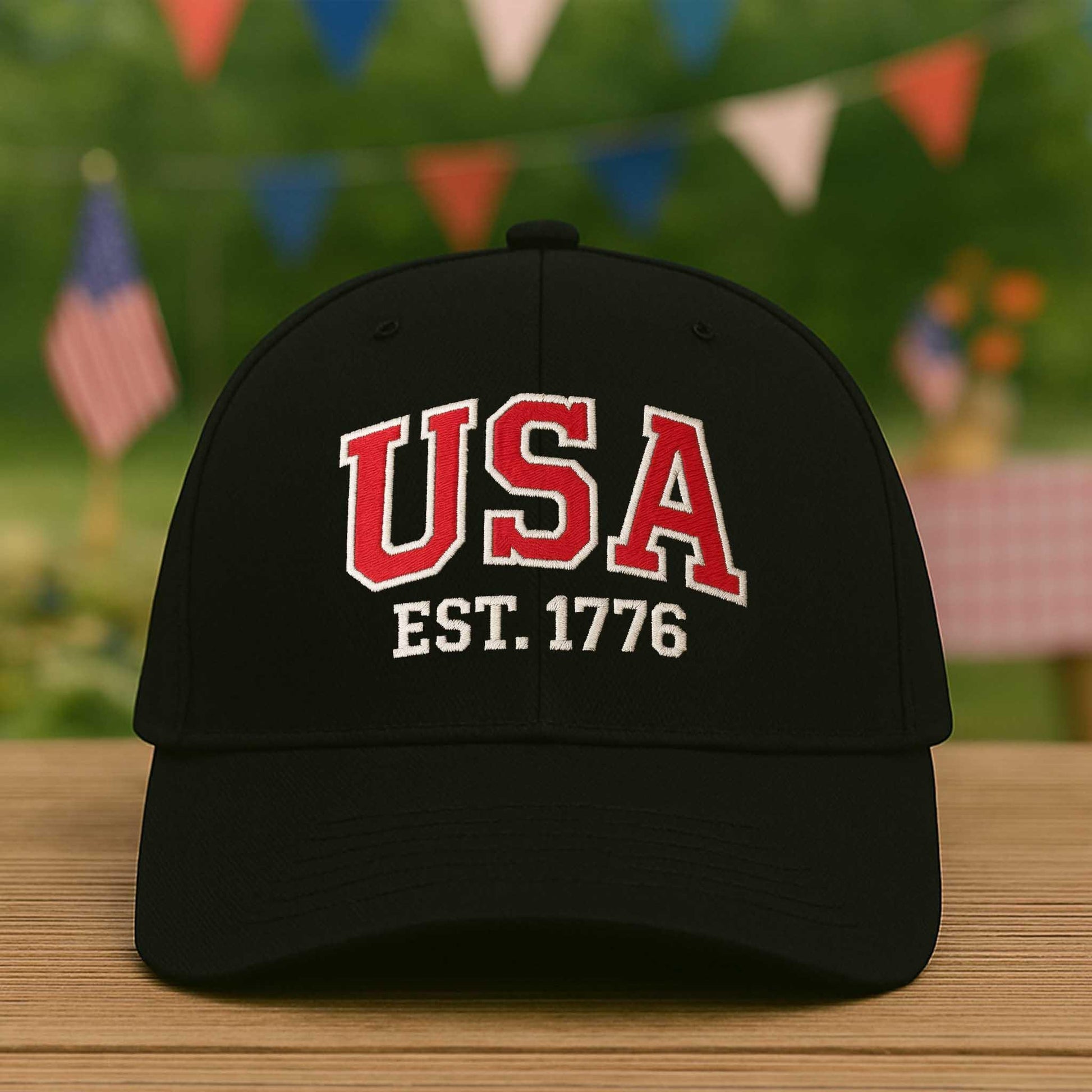 USA EST. 1776 Hat – Black Patriotic Baseball Cap with Embroidered Letters – American Pride Hat for 4th of July & Veterans Gift