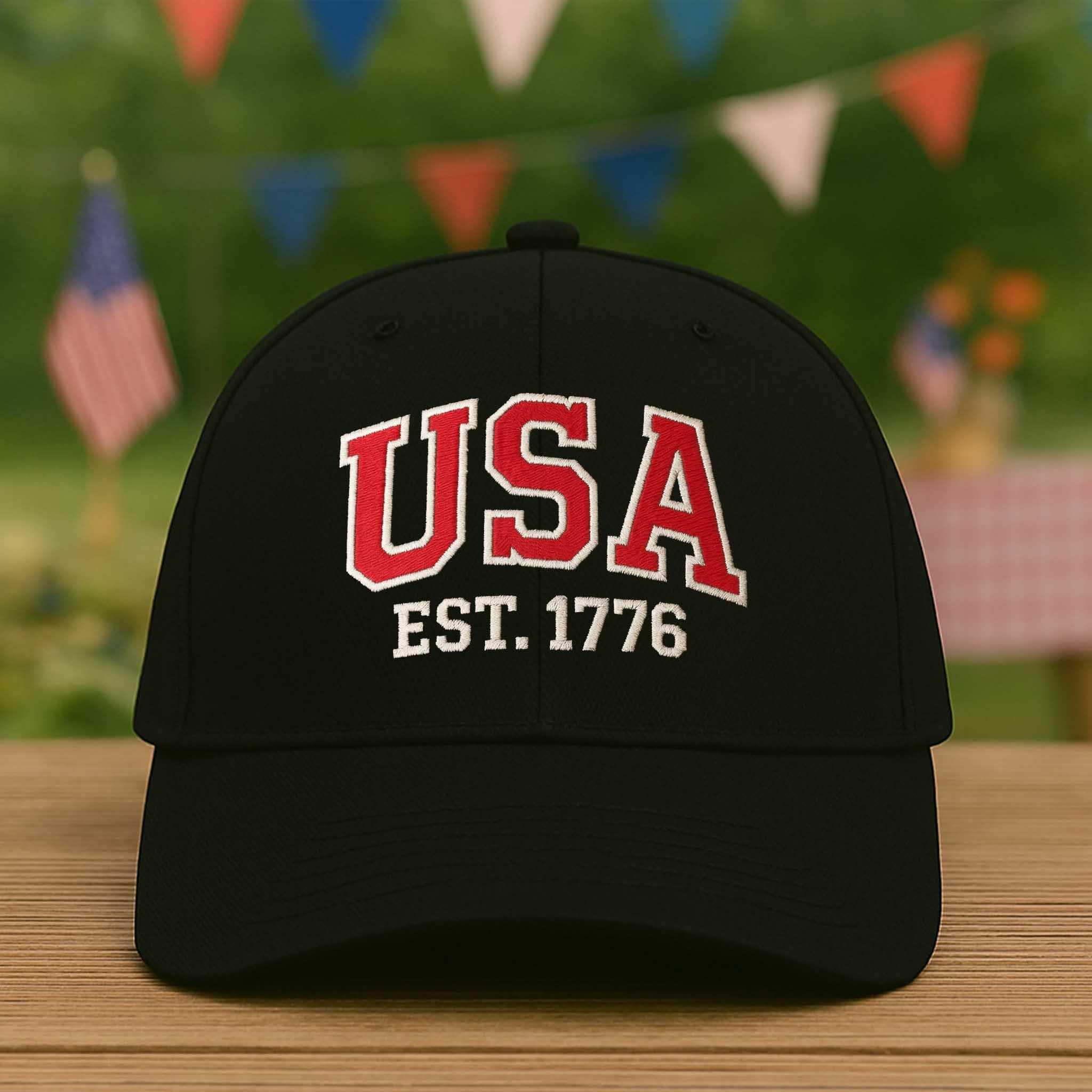 USA EST. 1776 Hat – Black Patriotic Baseball Cap with Embroidered Letters – American Pride Hat for 4th of July & Veterans Gift