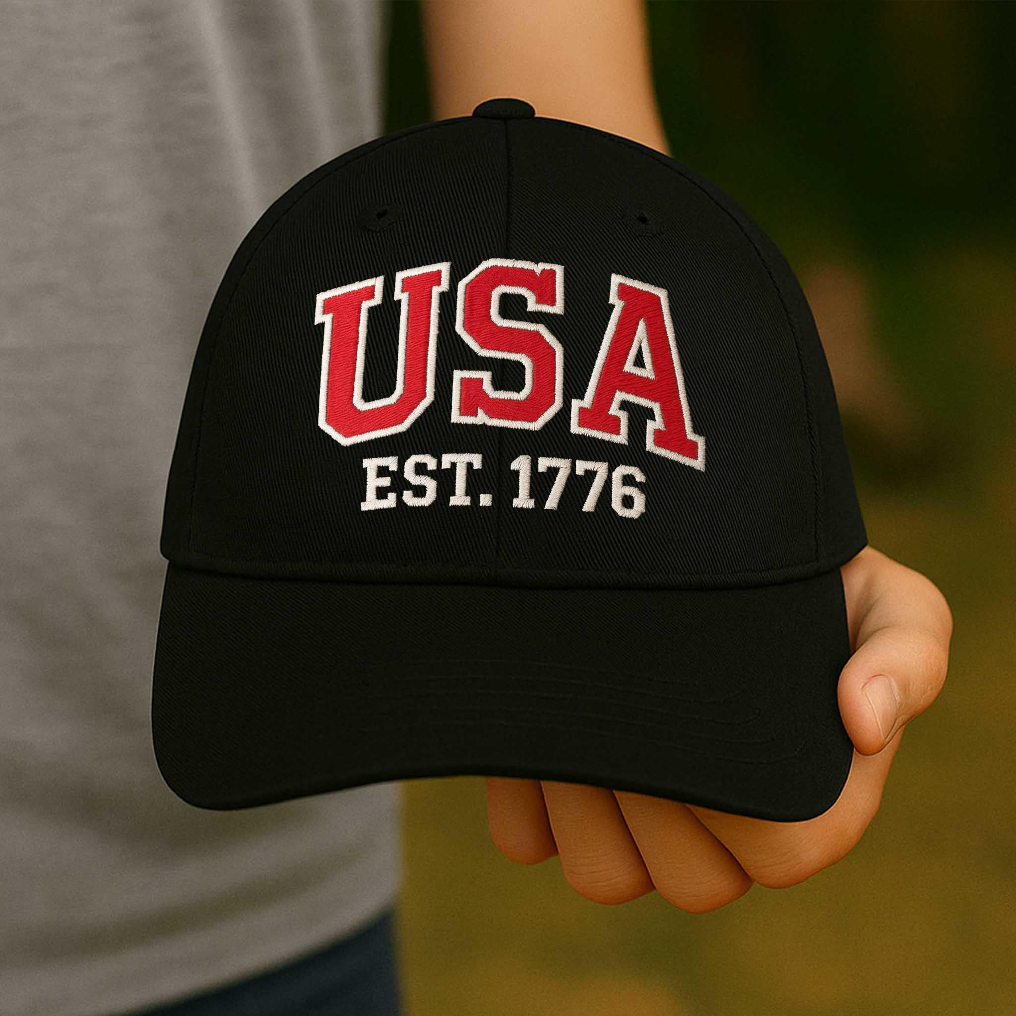 USA EST. 1776 Hat – Black Patriotic Baseball Cap with Embroidered Letters – American Pride Hat for 4th of July & Veterans Gift